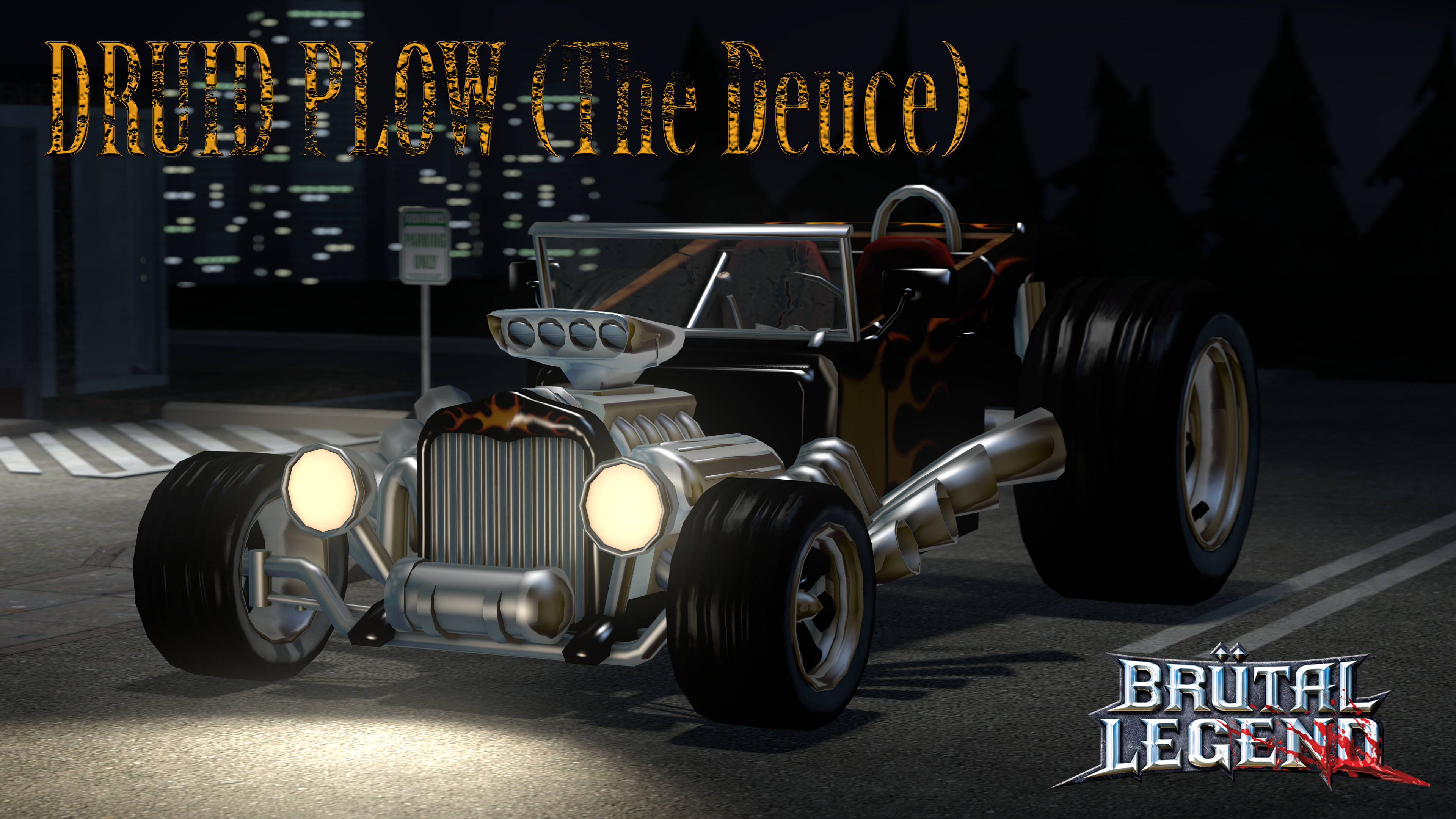 《Brutal Legend》德士車火焰設計海報 壁紙 — 一輛帶有火焰貼花和發光前燈的鍍鉻熱棒車停在夜晚的城市街道上。