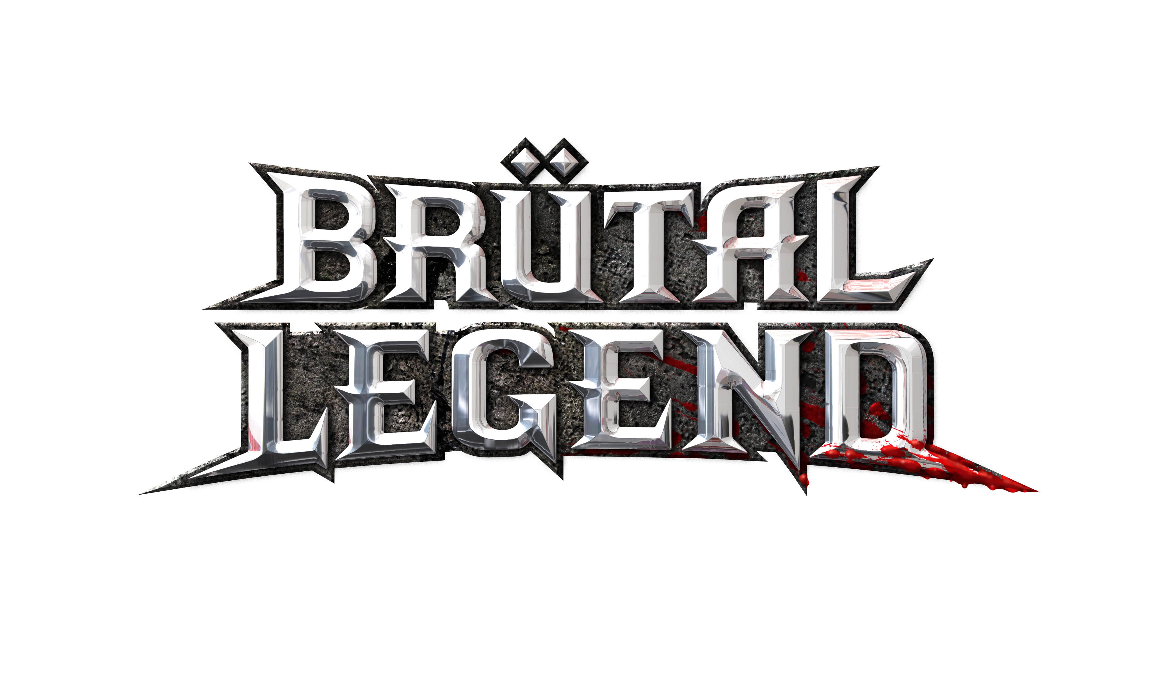 Brutal Legend 標誌 白底銀色 壁紙 — Brutal Legend 嘅大膽金屬標誌，帶有血跡同鋸齒狀邊緣，背景係白色。