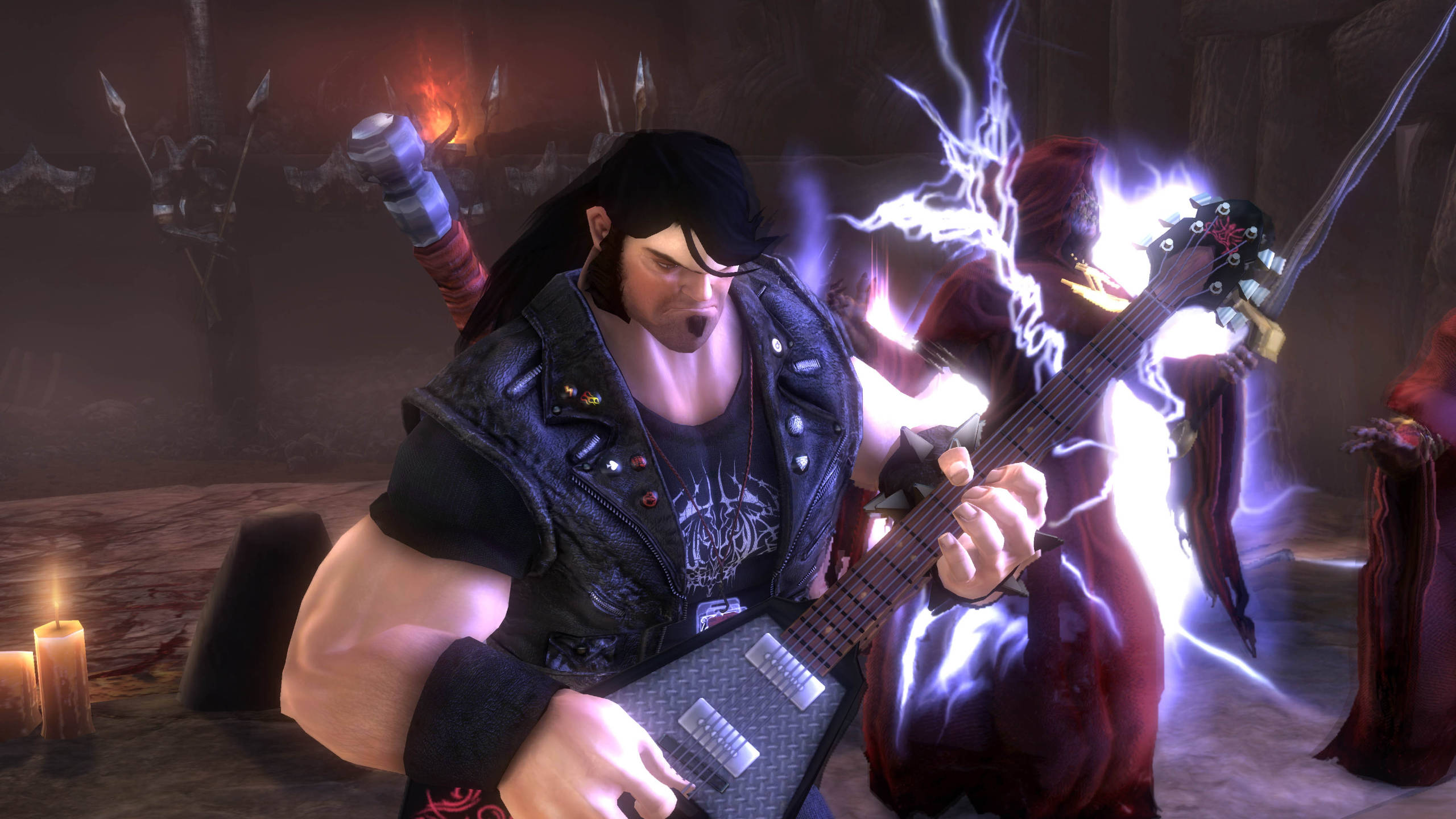 Brutal Legend 艾迪對抗德魯伊 壁紙 — 一個肌肉發達、長黑髮的男人在黑暗地牢中彈奏發光的電結他，閃電在他周圍噼啪作響。