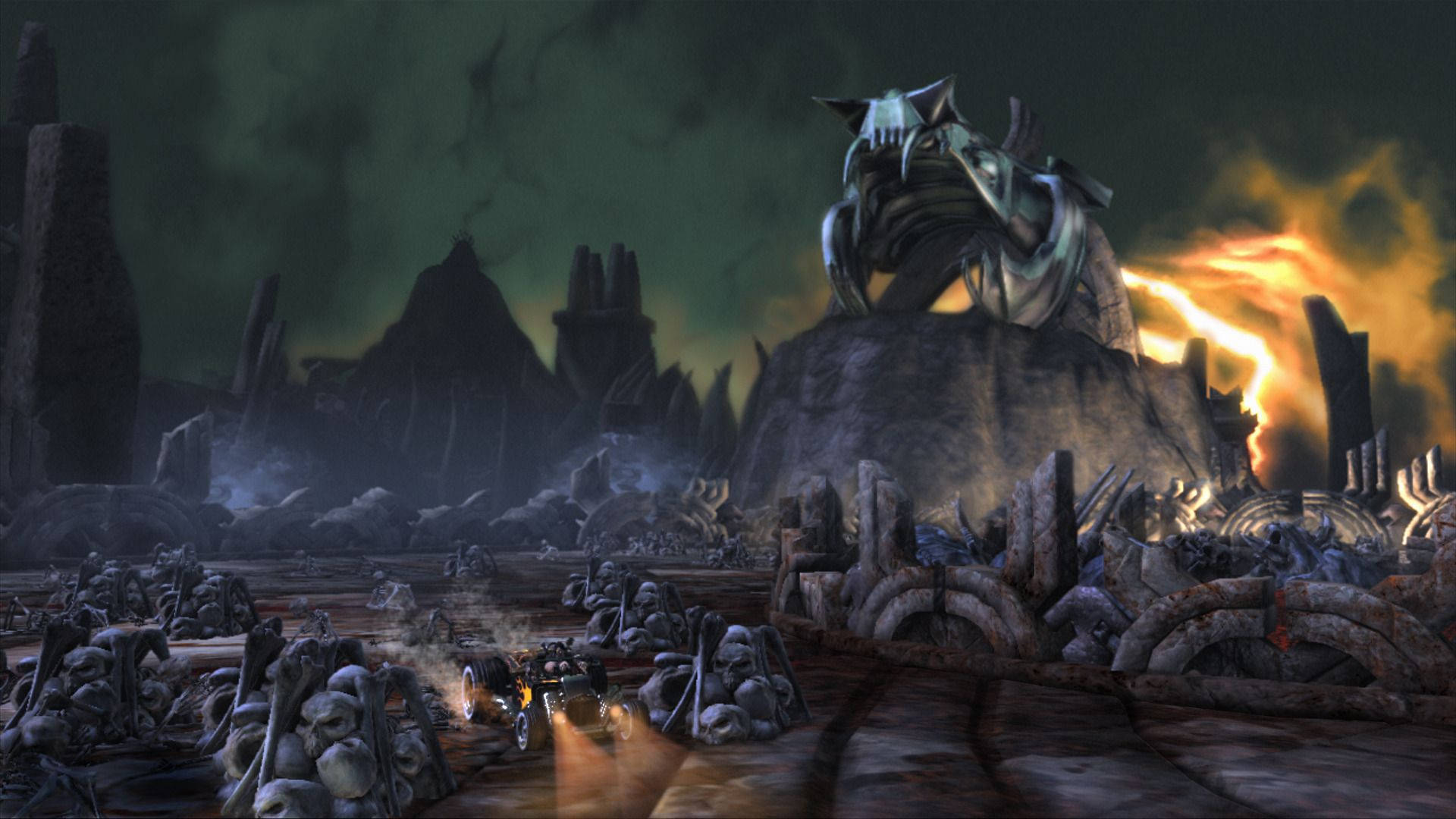 《Brutal Legend》艾迪·里格斯駕駛德士於暴戾之地 壁紙 — 一個黑暗的奇幻景觀，有一座巨大的骷髏雕像俯瞰著暴風雨天空下的廢墟戰場。