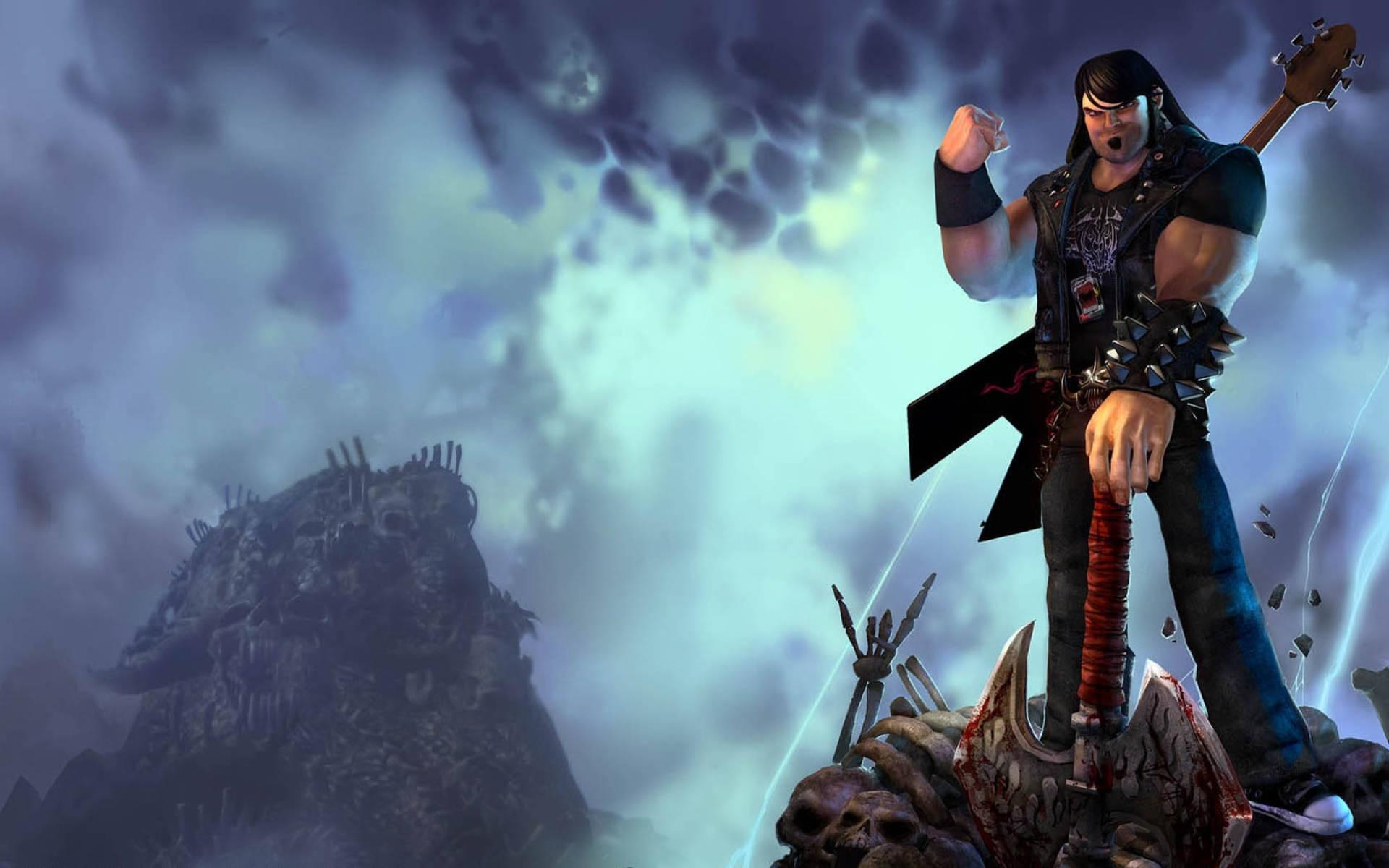 Brutal Legend 艾迪數位封面 壁紙 — 一個肌肉發達的金屬結他手站在頭骨上，在雷電交加的暴風雨天空下揮舞著帶刺的斧頭。