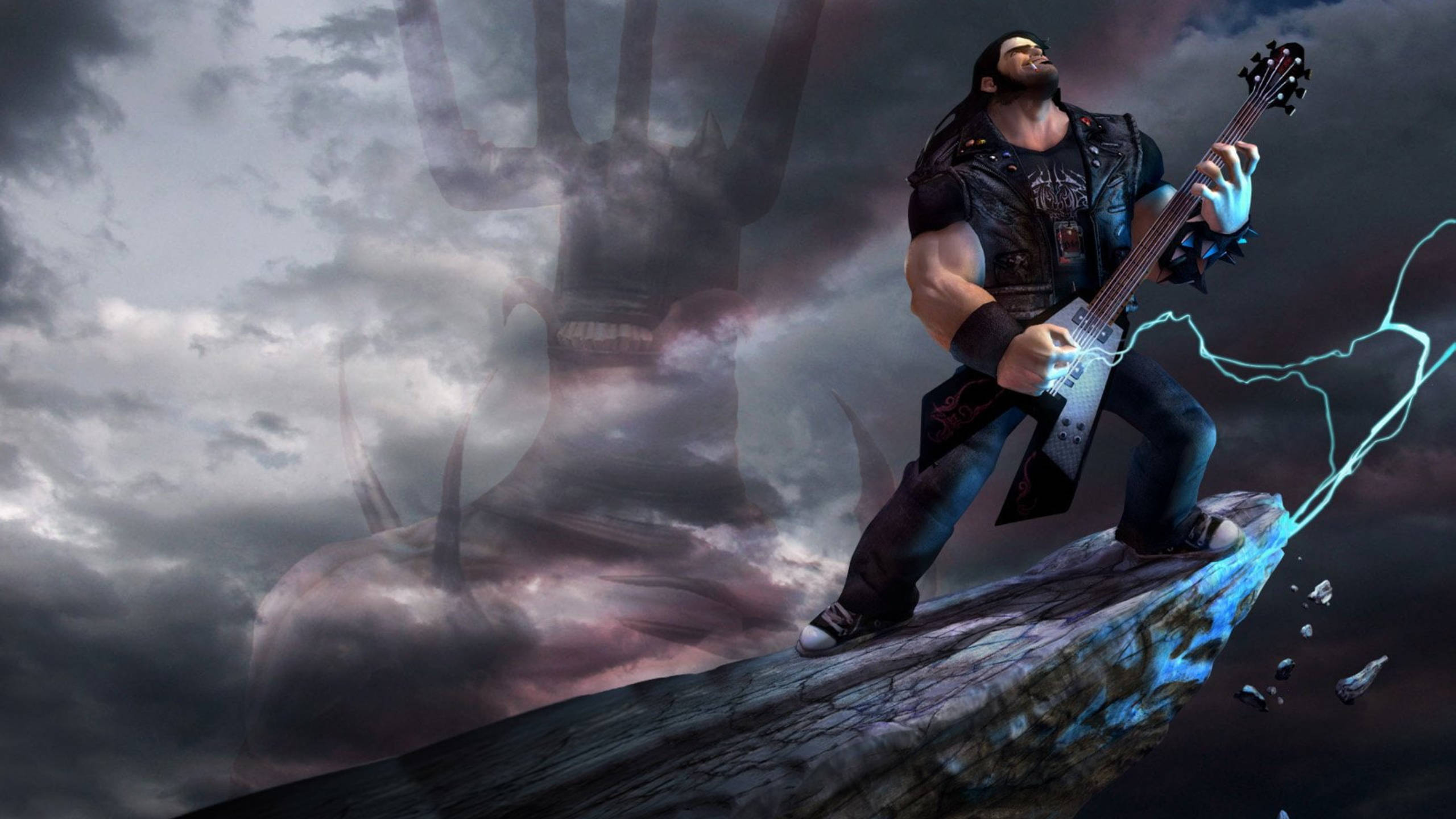 Brutal Legend 艾迪彈吉他 壁紙 — 一個肌肉結實的結他手站在懸崖邊緣彈奏電結他，閃電從他的樂器劈出，映襯著暴風雨的天空，背後有一個巨大的陰影潛伏著。