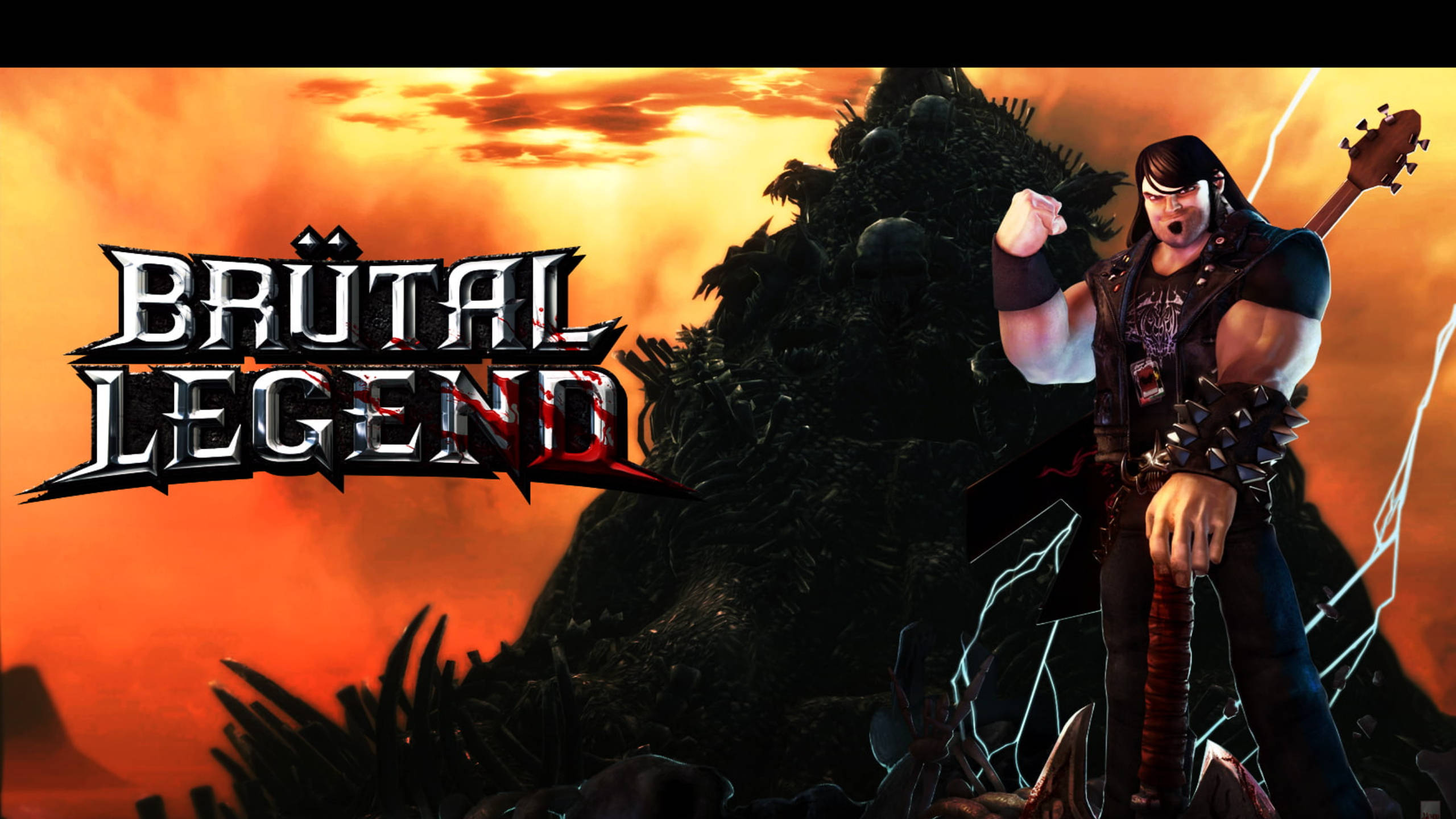 Brutal Legend 艾迪封面 壁紙 — 一個肌肉發達的搖滾結他手，拿著一把帶刺的結他，在熾熱的日落背景下，與參差不齊的岩石和閃電對峙。