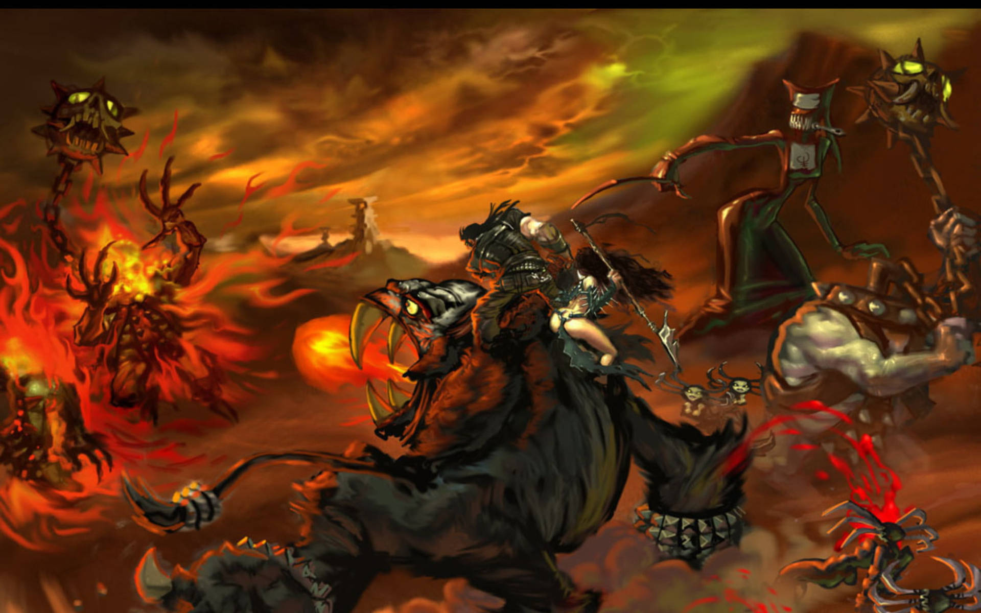《Brutal Legend》艾迪對抗巨怪 壁紙 — 一名戰士騎著一頭怪獸穿過熾熱的戰場，惡魔生物在血橙色天空下攻擊。
