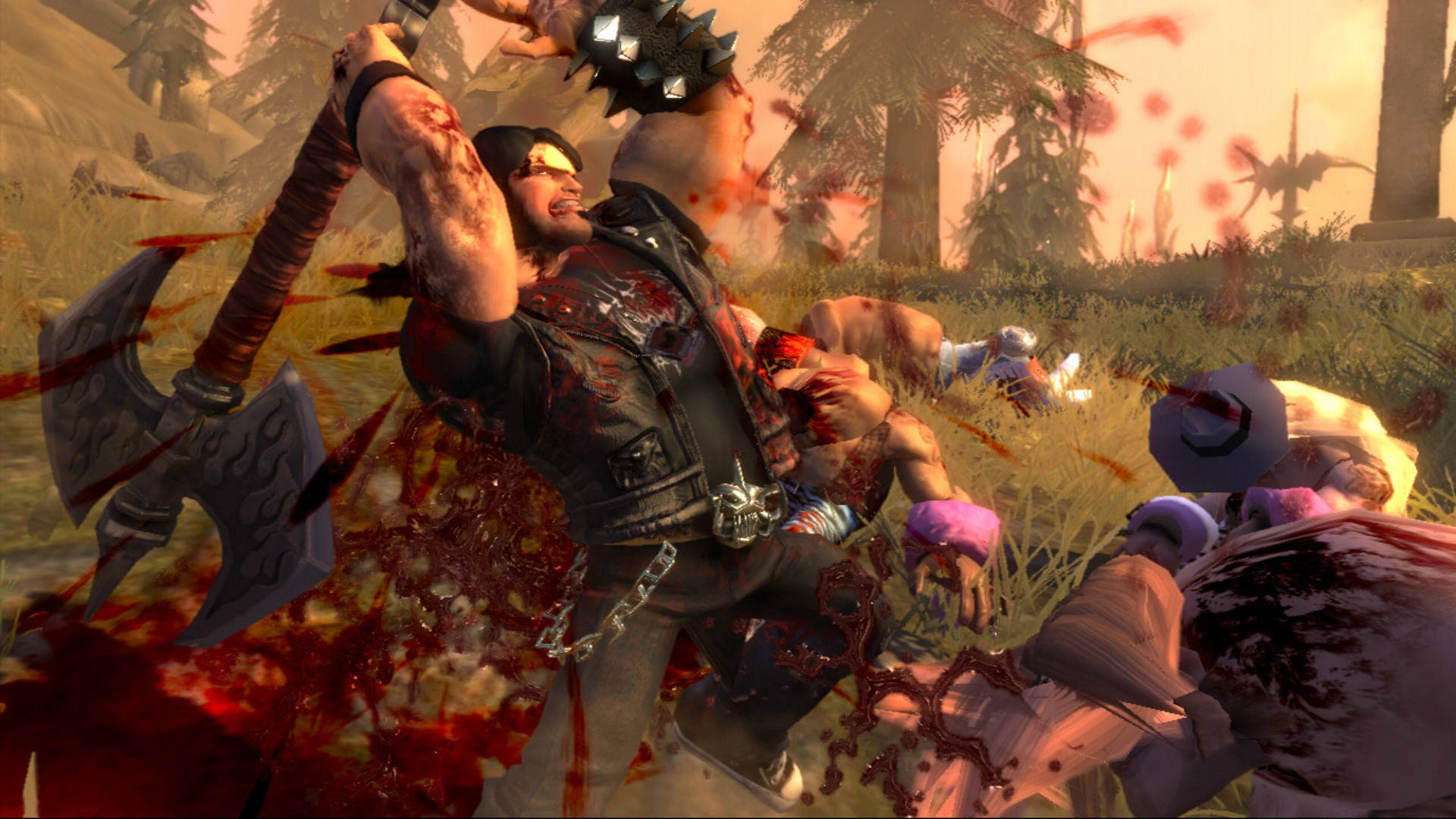 《Brutal Legend》艾迪·里格斯戰鬥小兵 壁紙 — 一個血淋淋的戰士在混亂的森林戰鬥場景中向敵人揮舞帶刺的斧頭。
