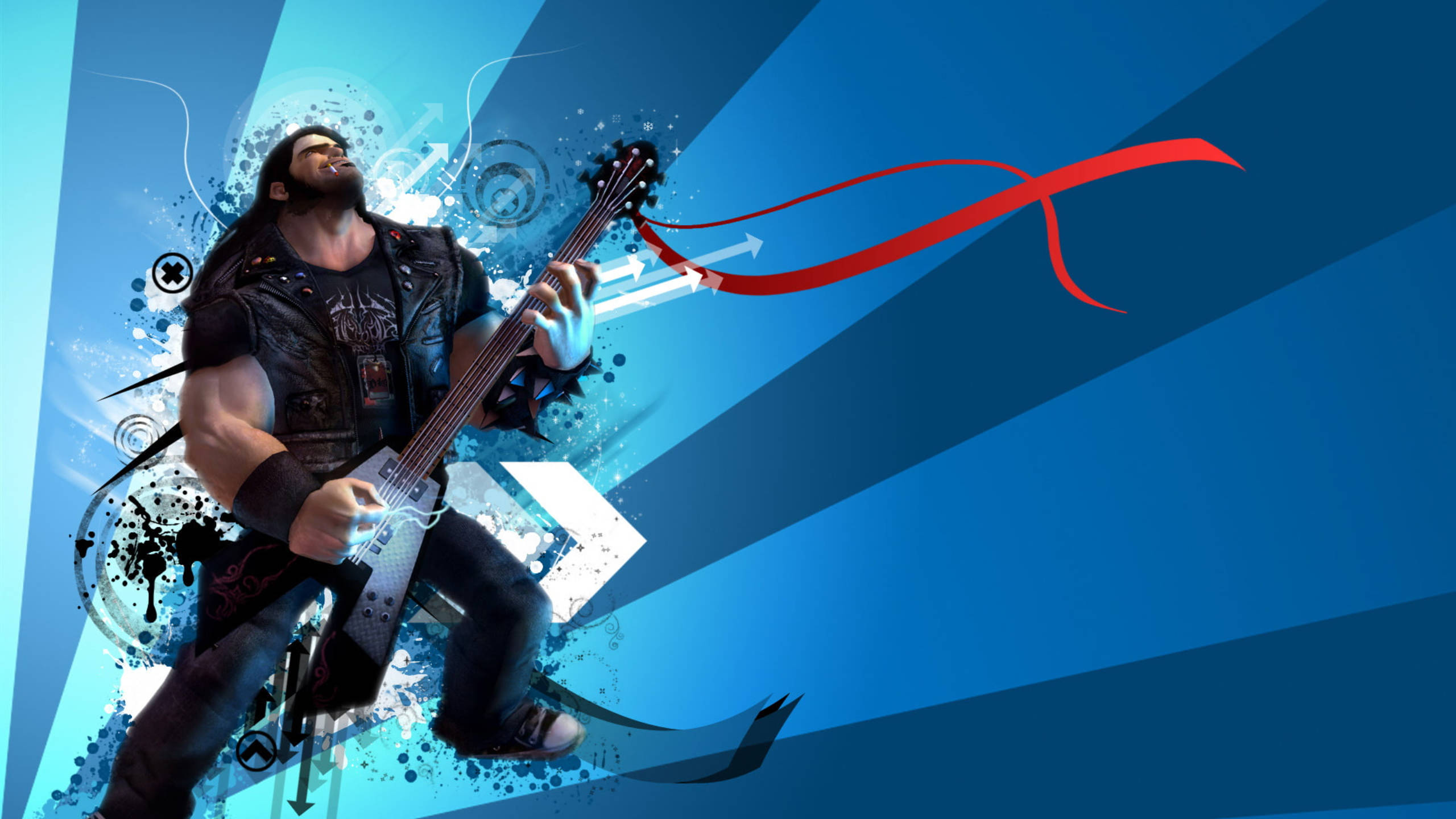 Brutal Legend 英雄 - 艾迪·里格斯粉絲藝術 壁紙 — 一位肌肉發達的長髮結他手在動態藍色背景上彈奏低音結他，背景有紅色絲帶和抽象飛濺。