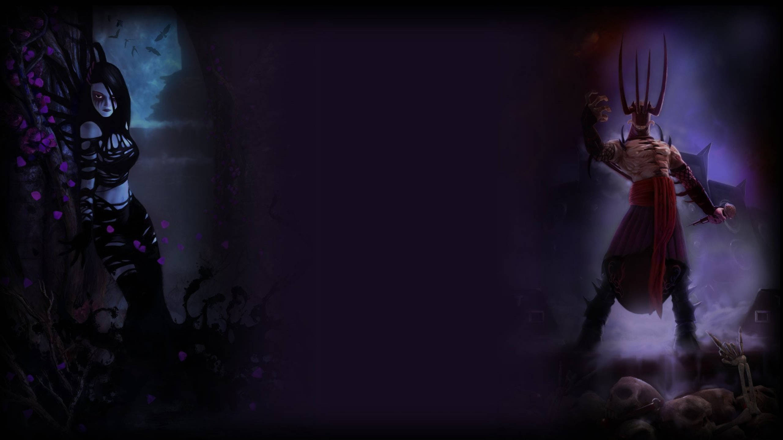 《Brutal Legend》遊戲經典場景 壁紙 — 兩個黑暗奇幻人物站在霧氣瀰漫的森林中，一個有蜘蛛般的肢體，另一個戴著尖刺頭盔和紅色飾帶。