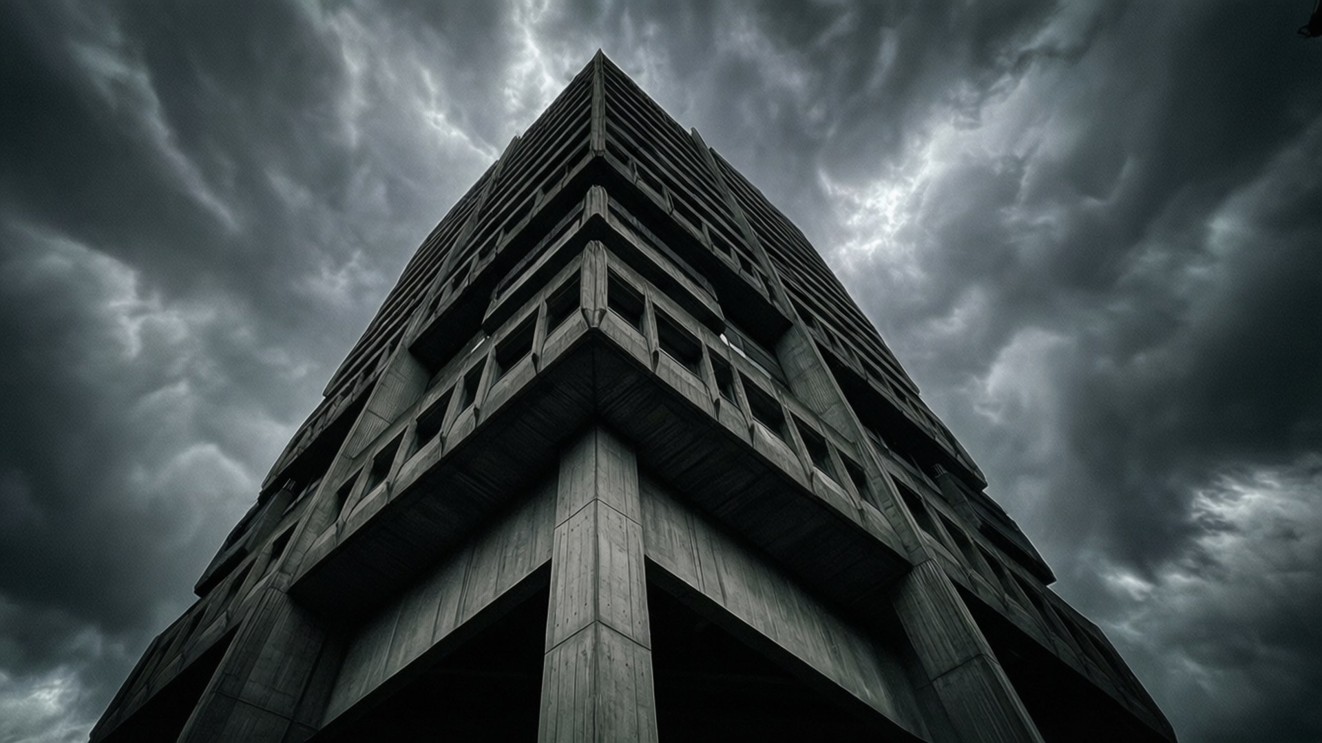 一座高混凝土建築在黑暗暴風雨天空下升起，伴有厚重雲層。