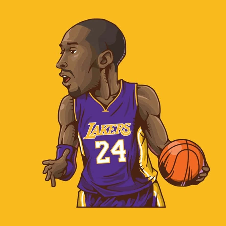 傳奇科比· Bryant 壁紙 — 插圖描繪身穿紫色湖人隊球衣的籃球運動員高比·拜仁，在純黃色背景上手持籃球。