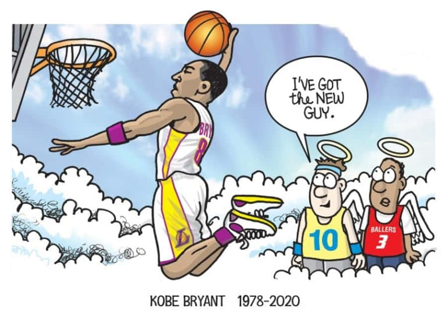 科比· Bryant 激勵下一代籃球明星 壁紙 — 高比拜仁身穿湖人球衣入樽籃球，兩位天使般的隊友從雲端觀看，對話框寫著「我得到了新傢伙。」
