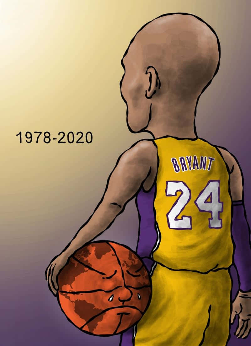 籃球傳奇科比· Bryant 以卡通形式永存 壁紙 — 一幅風格化的插圖，描繪高比·拜仁穿著湖人球衣，抱著一個悲傷的籃球，附近寫著他的壽命1978-2020。