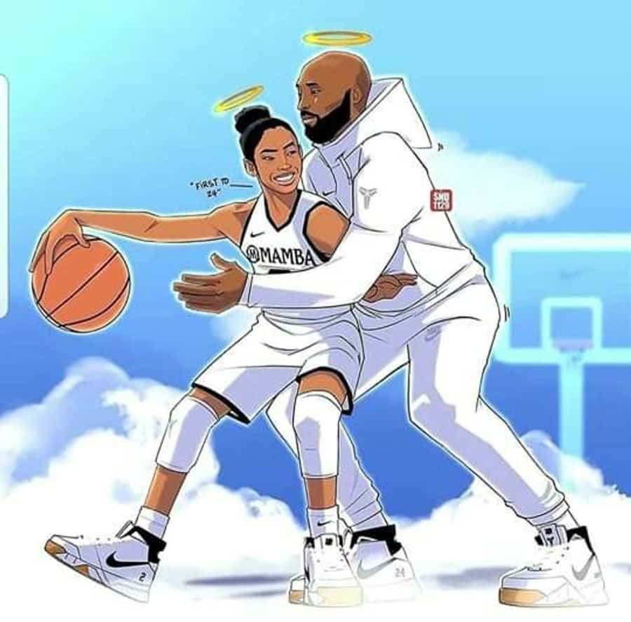 科比· Bryant 卡通形象 壁紙 — 兩名身穿白色球衣的籃球運動員在明亮的藍天白雲背景下運球和防守。