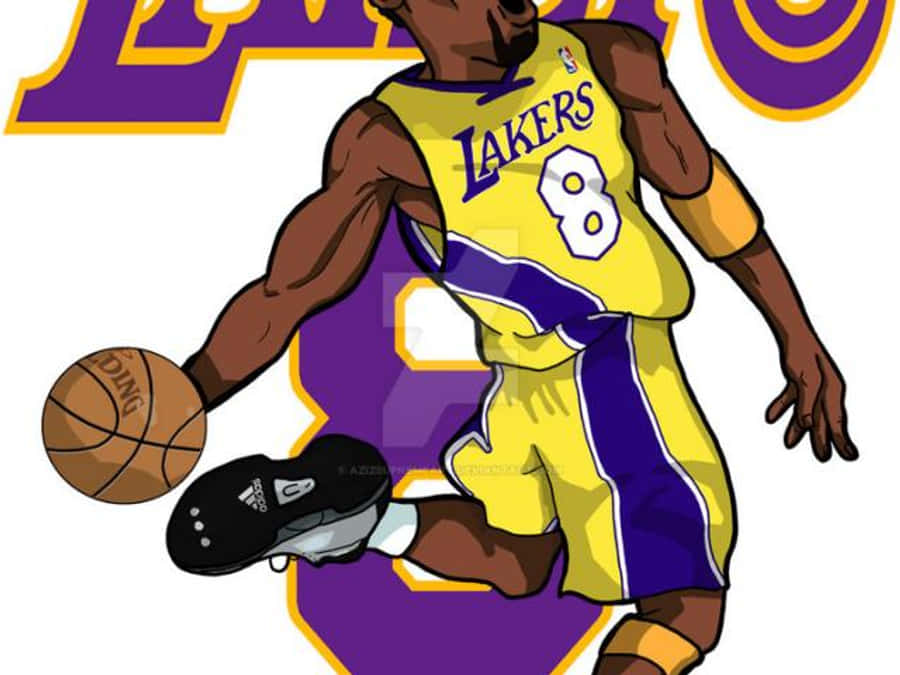 科比· Bryant 準備投籃 壁紙 — 一幅動態卡通插圖，描繪一名身穿黃色和紫色湖人隊球衣的籃球運動員，充滿力度地運球。