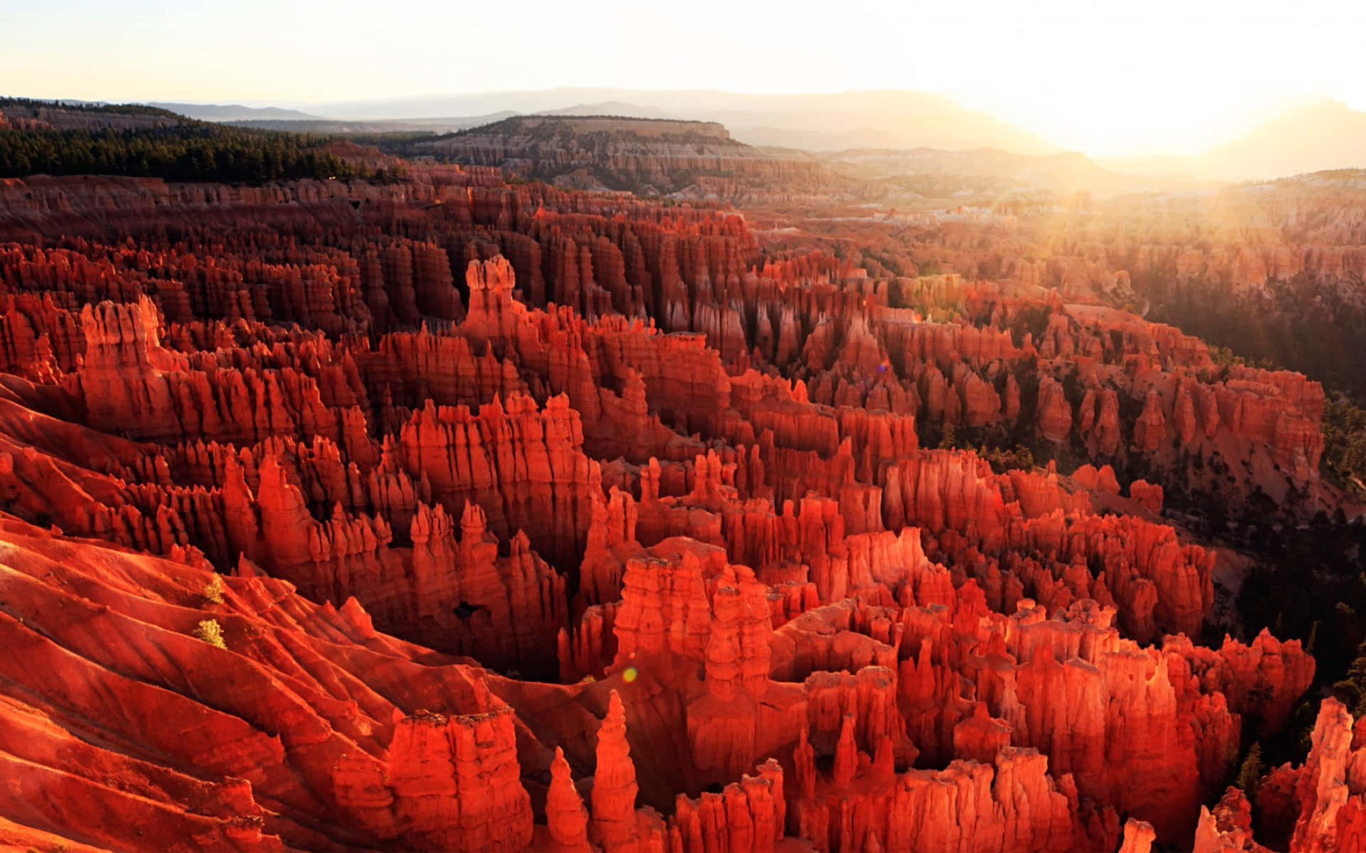 廣闊峽谷景觀中紅色岩石 hoodoos 上的日落