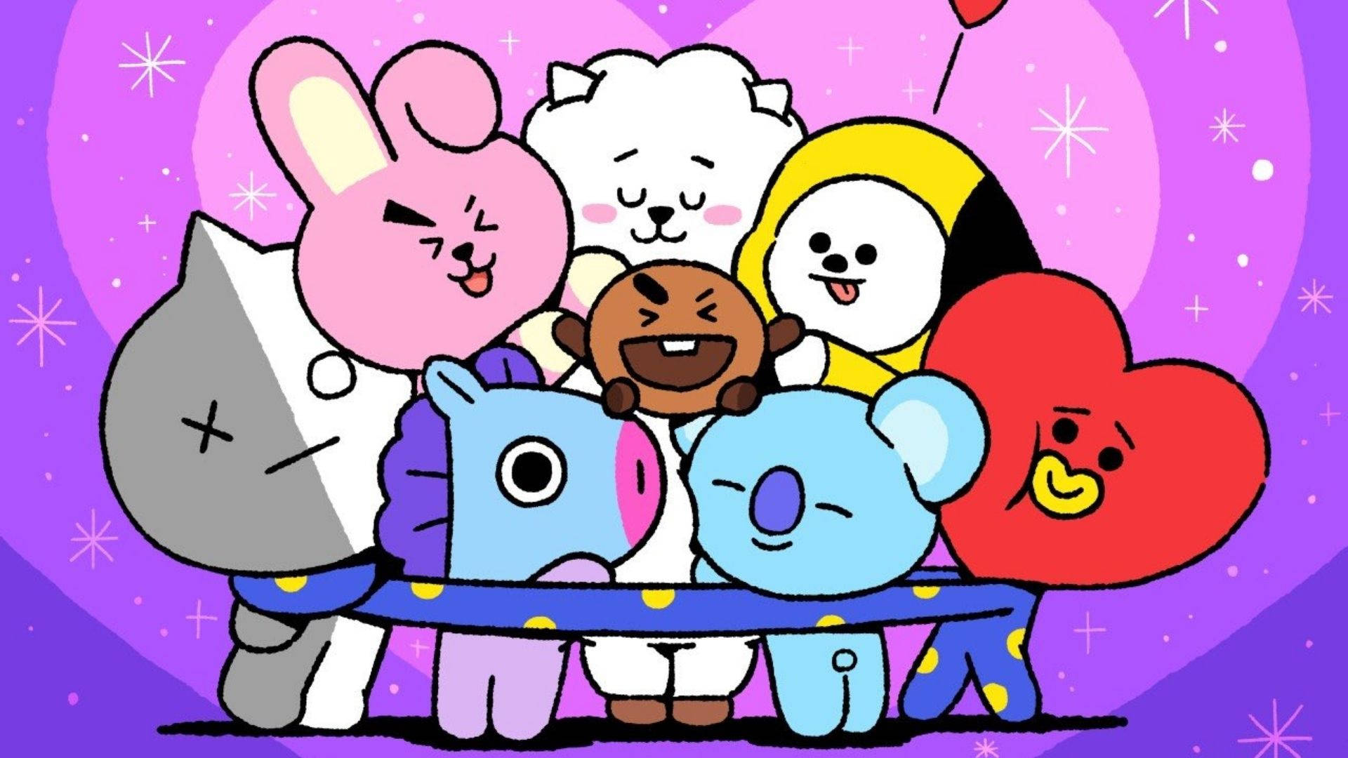 BT21角色甜蜜擁抱 壁紙 — 一群色彩繽紛的卡通動物，表情豐富，擠在長椅上，背景是閃閃發光的紫色。