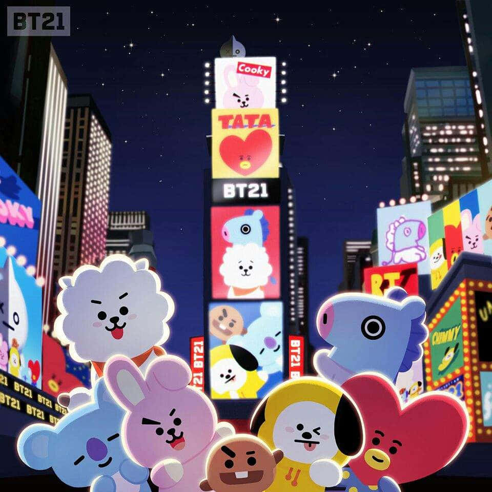 BT21 角色喺夜晚嘅活力霓虹城市中，頭頂有星星。