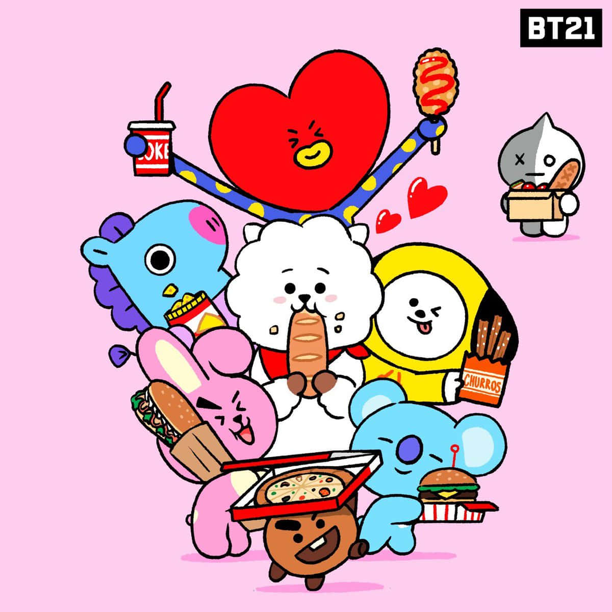 BT21角色在粉紅色背景上一起享用快餐。