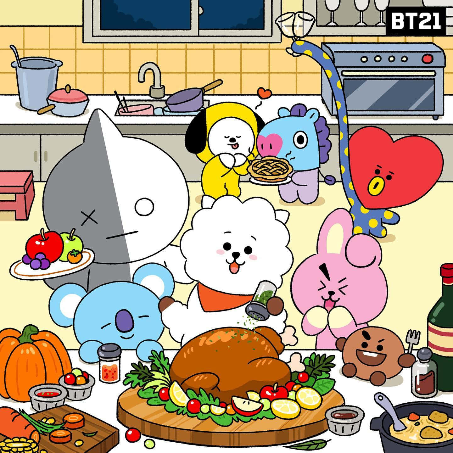 BT21角色以火雞和南瓜慶祝節日大餐。