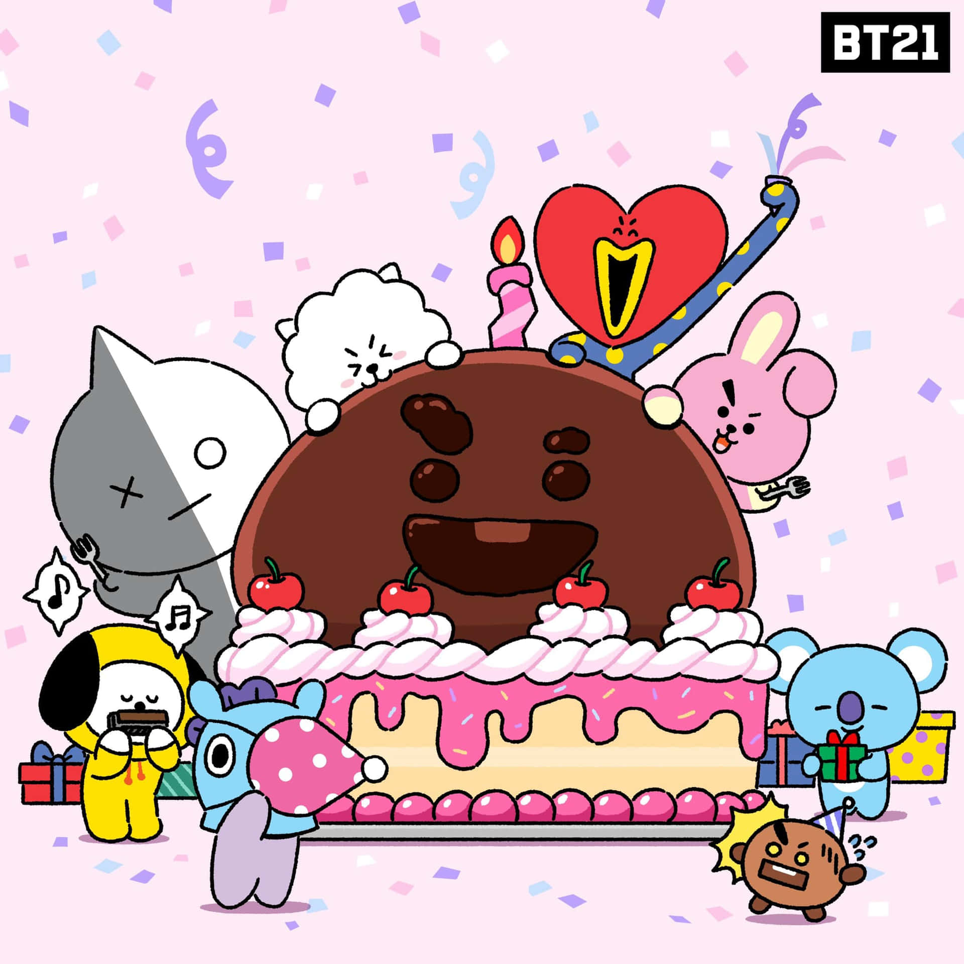 BT21角色聚集在一個巨大的生日蛋糕周圍，蛋糕上有蠟燭和五彩紙屑。