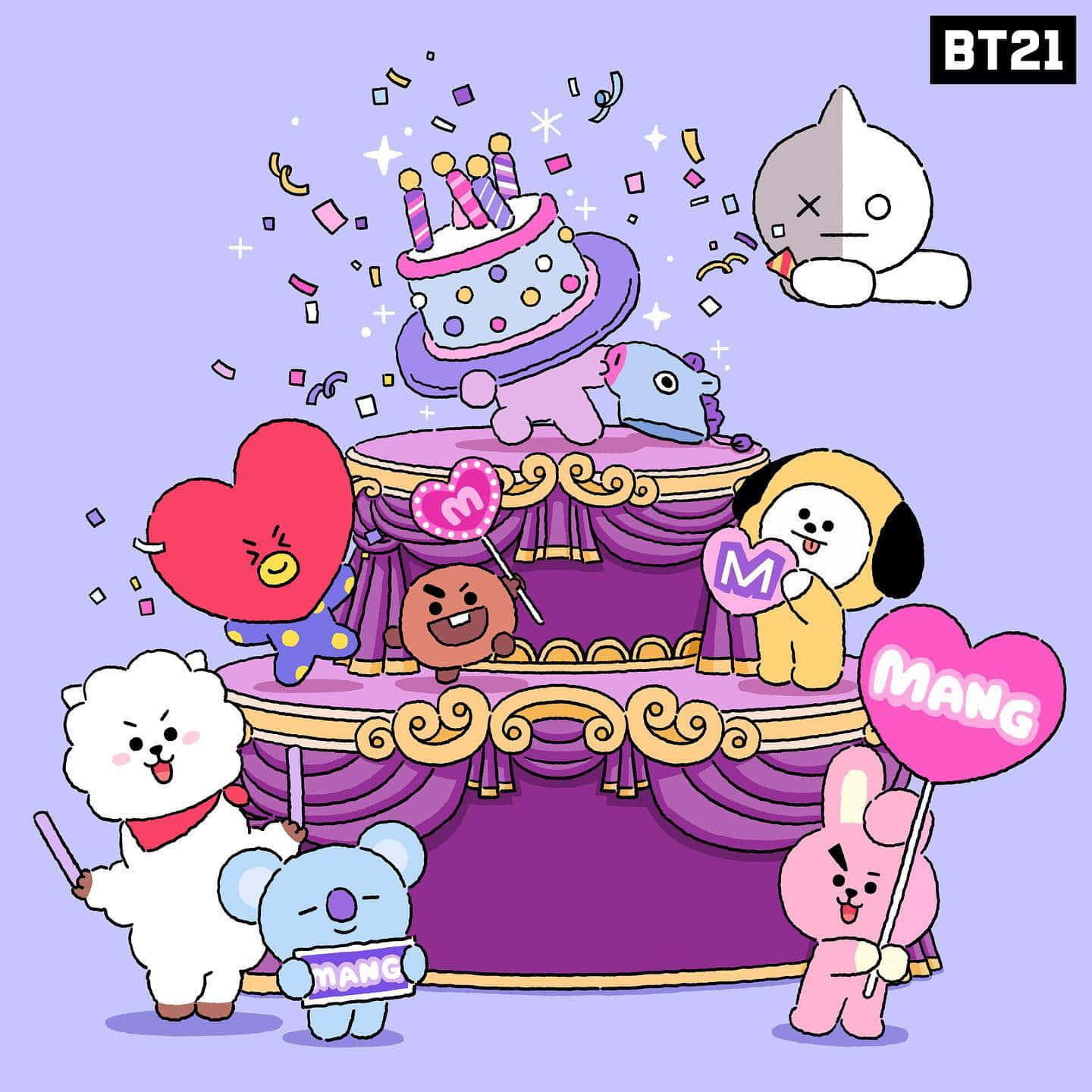 BT21角色在紫色舞台上用蛋糕和五彩紙屑慶祝。