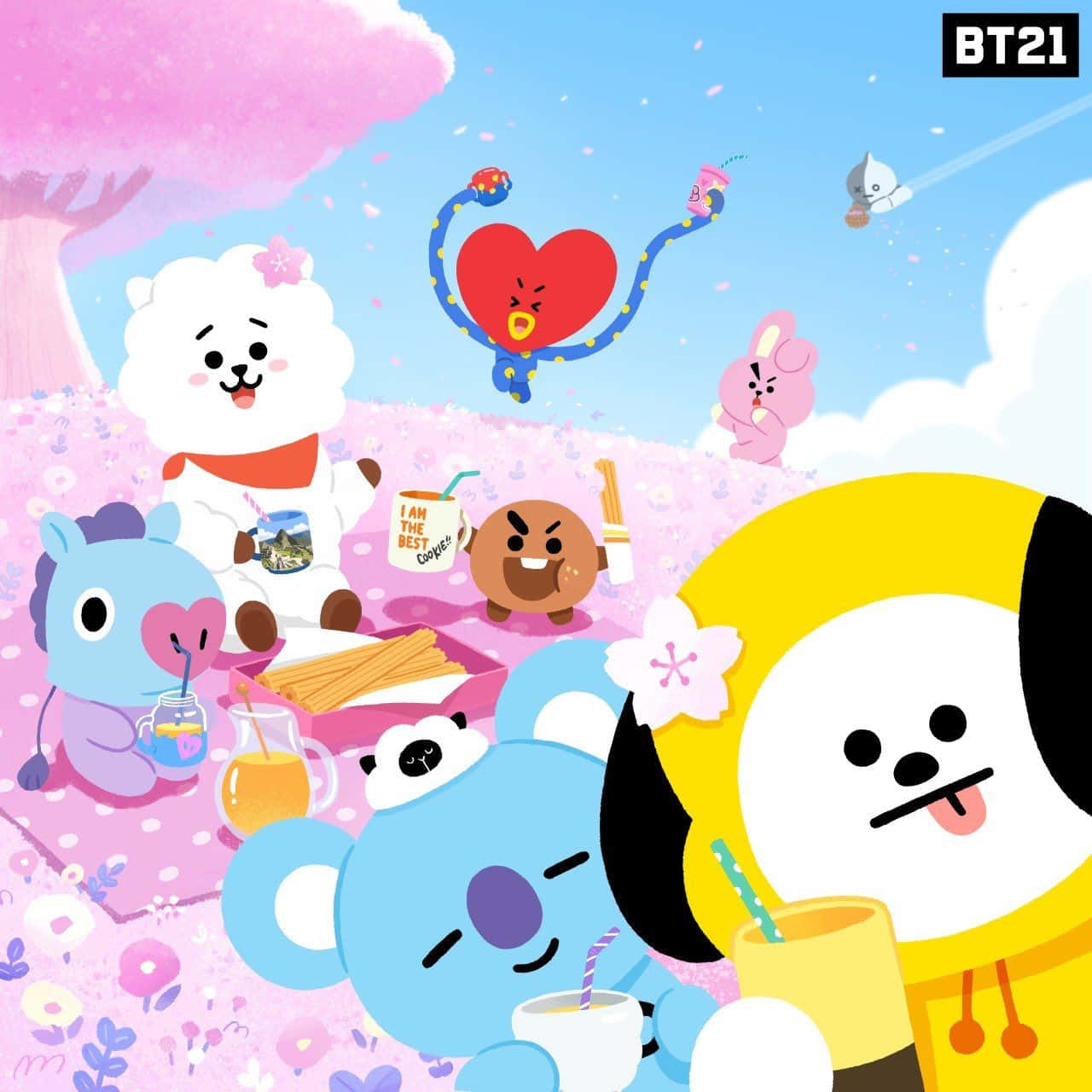 BT21角色在櫻花下野餐，有飲料和小吃。