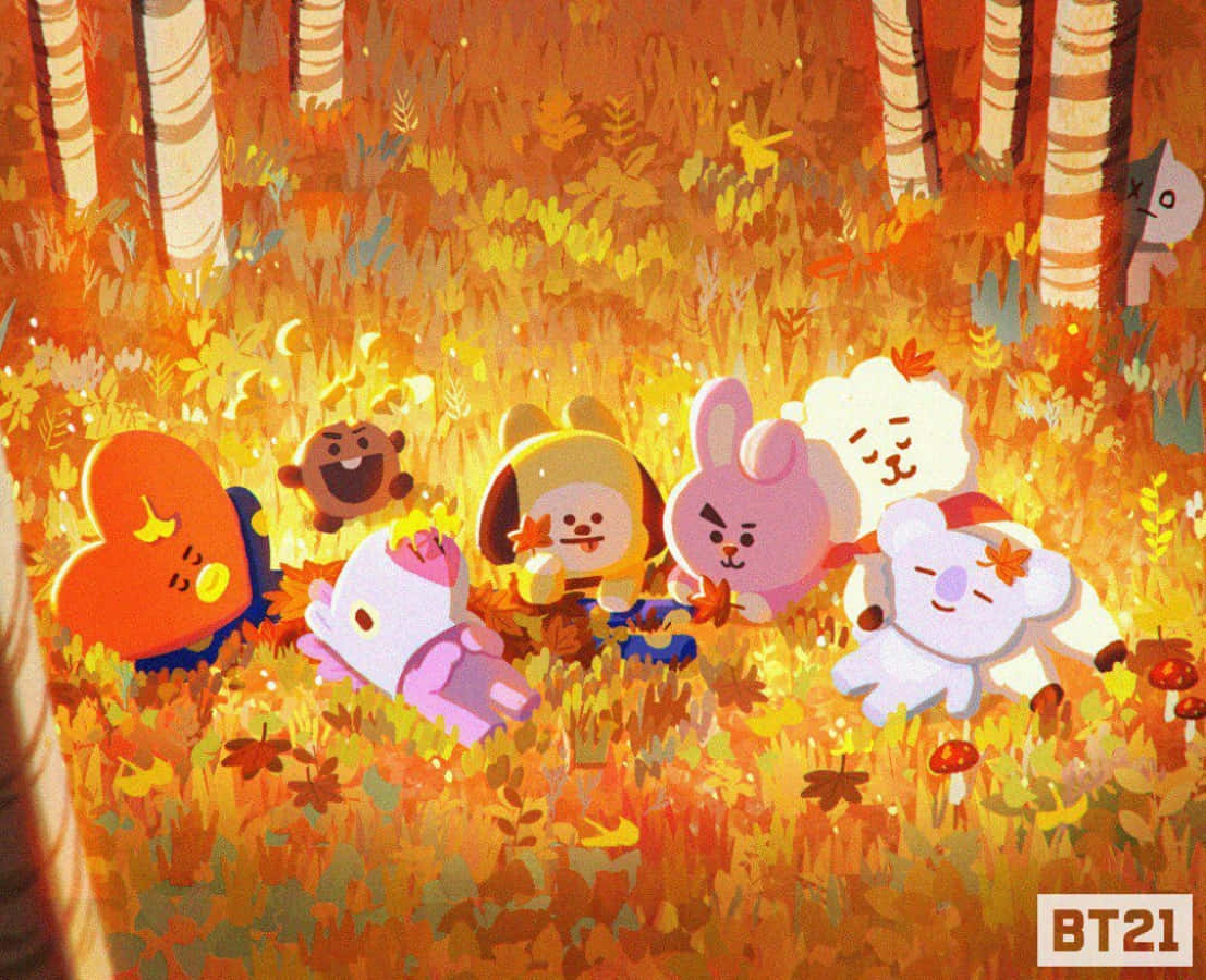 BT21 卡通角色在森林中享受陽光明媚的秋日。