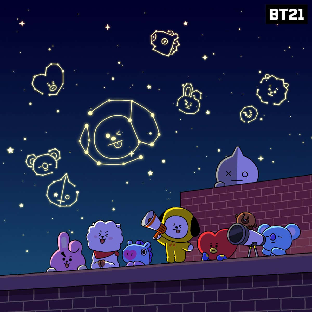 BT21角色在天台上觀看夜空中形狀像他們臉孔的星座。