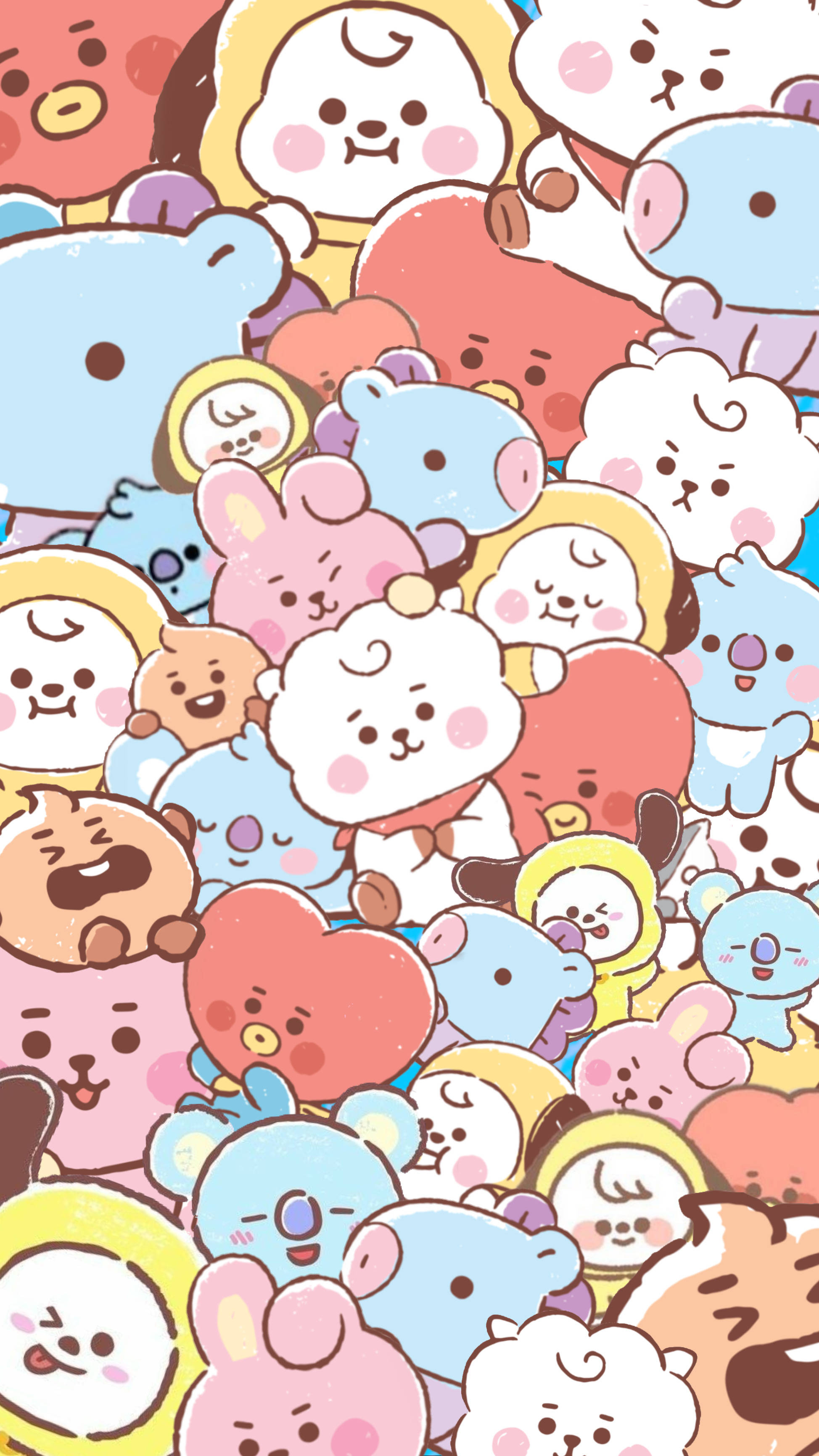 淡紫色庫基與BT21朋友 壁紙 — 充滿柔和粉彩色的可愛卡通角色緊緊擁抱微笑的鮮豔壁紙。