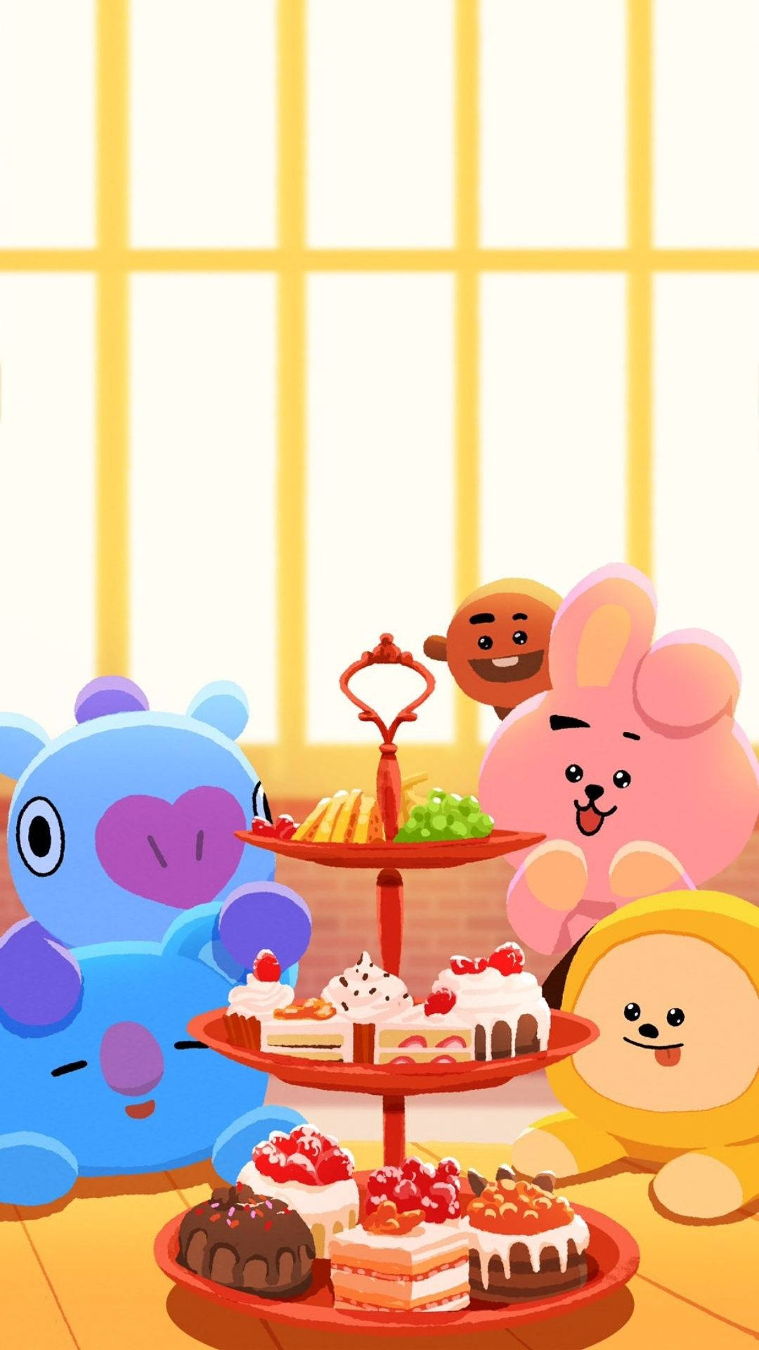 BT21 誘惑甜點 壁紙 — 可愛的卡通人物聚集在一個三層托盤周圍，托盤上放著色彩繽紛的甜點，房間陽光充足。