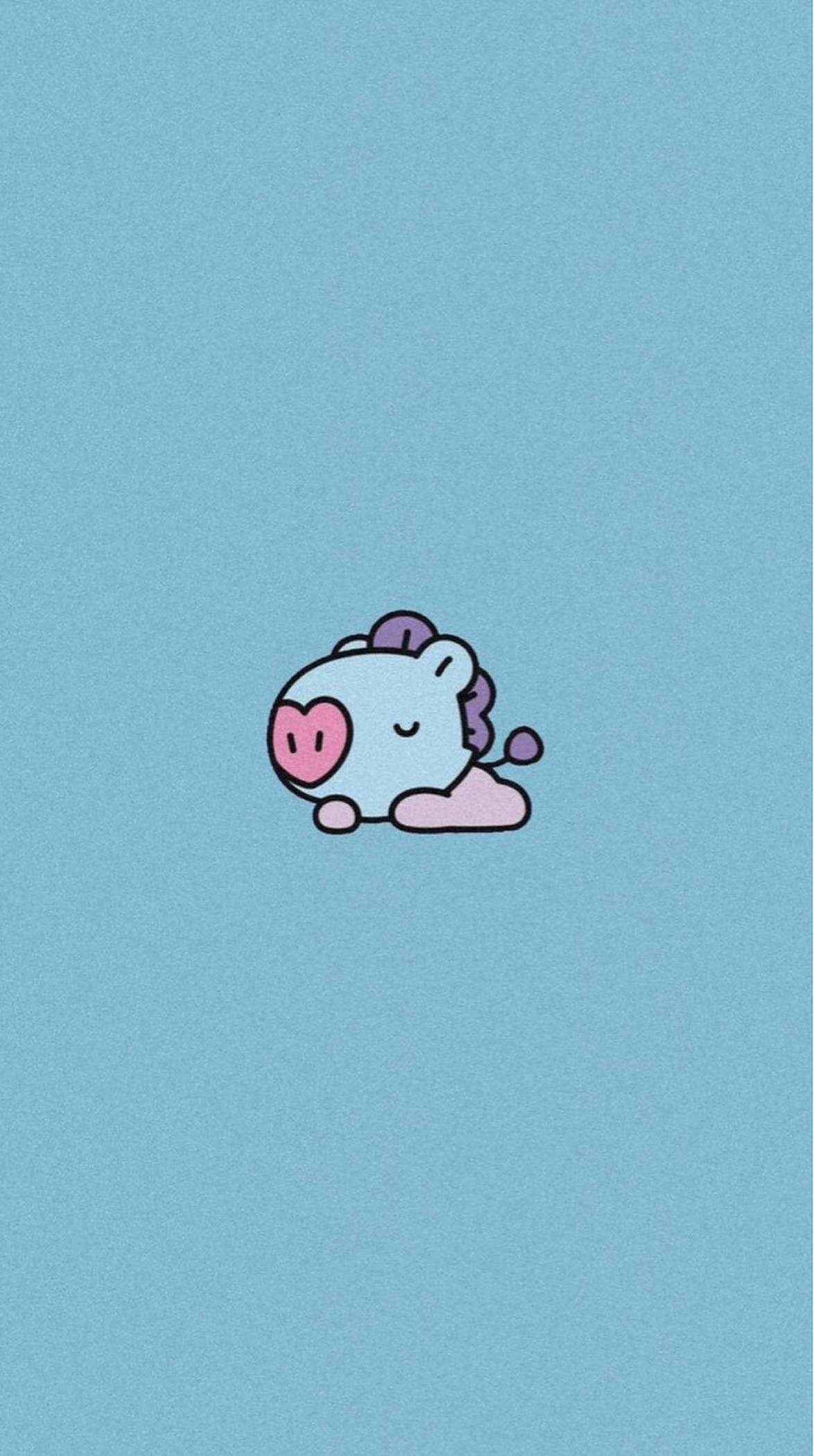 Bt21 角色 Mang 睡眠時刻 壁紙 — 一隻可愛的卡通豬，擁有心形鼻子和紫色鬃毛，在純淺藍色背景上平靜地休息。