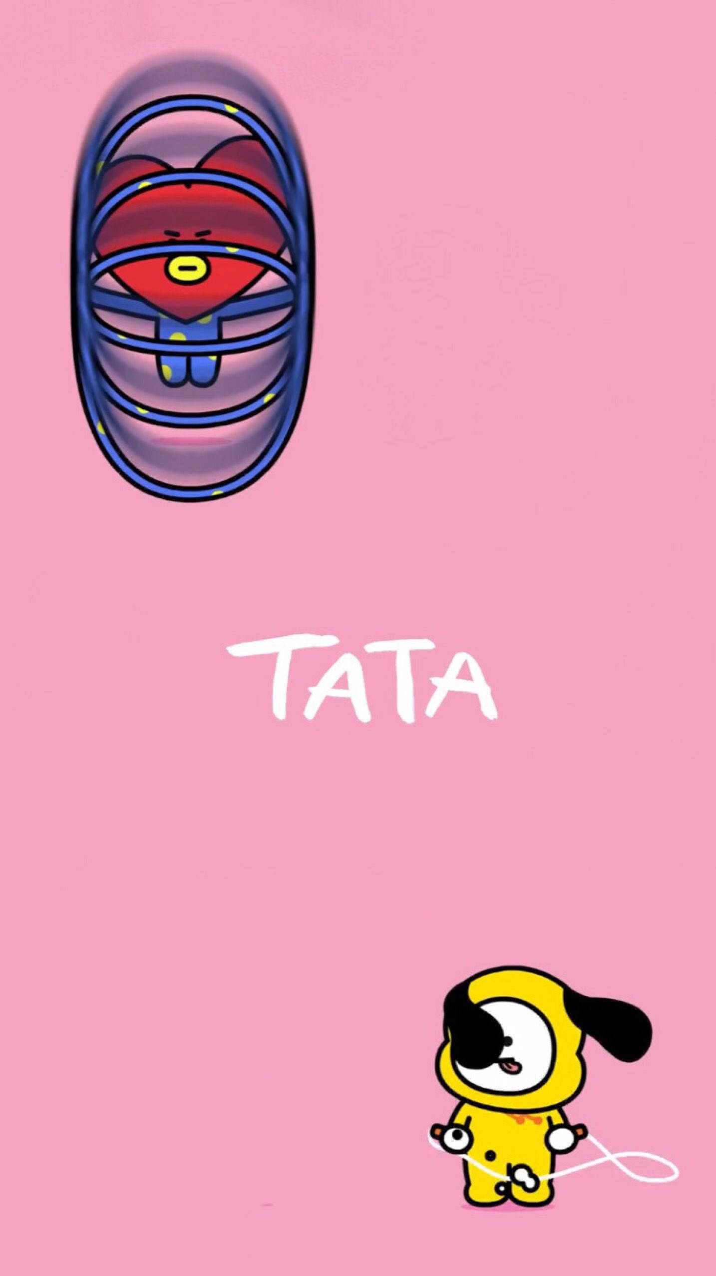 BT21 Tata 跳繩遊戲 壁紙 — 粉紅色背景上有一隻黃色卡通狗拿著皮帶，上方有一個藍色籠子裡關著一個紅色卡通角色，並有「TATA」字樣。