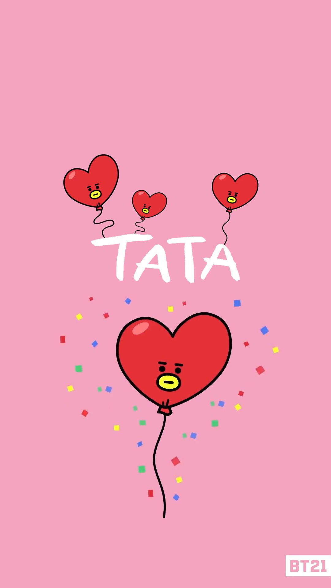 三個帶有表情的心形氣球漂浮在「TATA」字樣上方，五彩紙屑圍繞著一個大型心形氣球飄落。