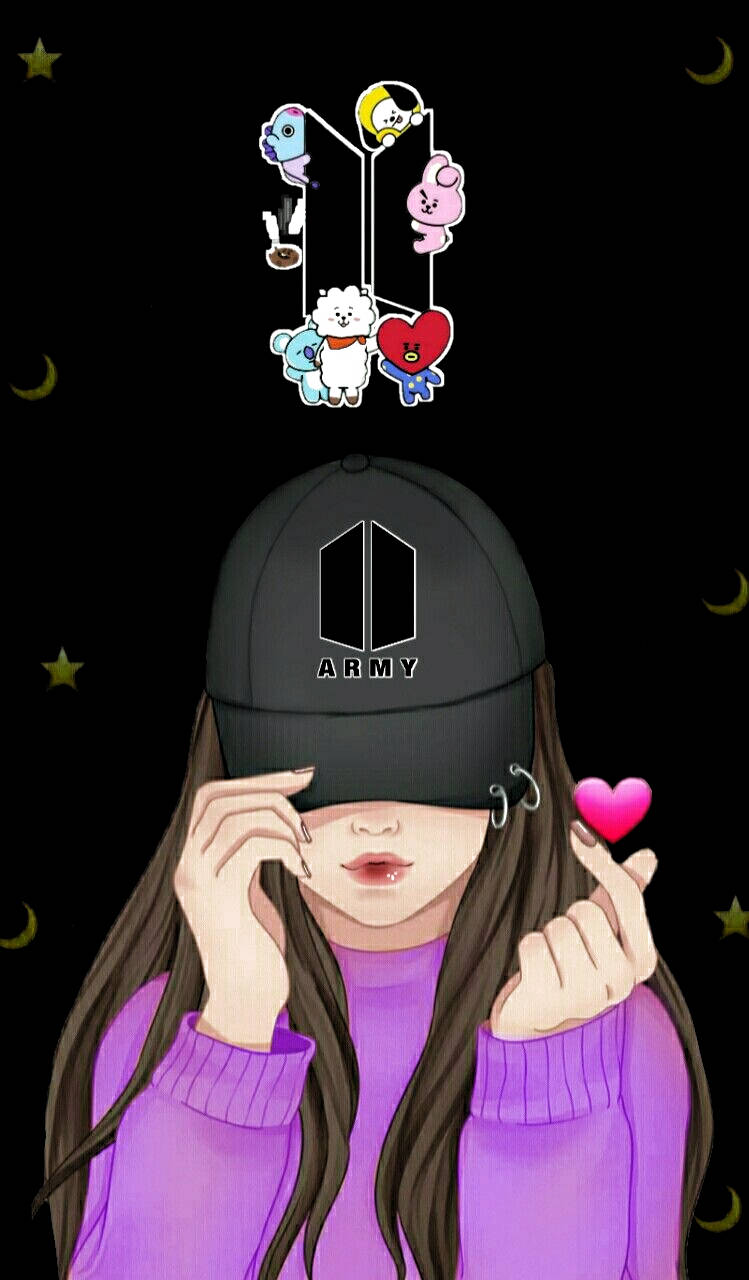 戴BTS帽的女孩在星空下做出心形手勢，BT21角色漂浮在上方。