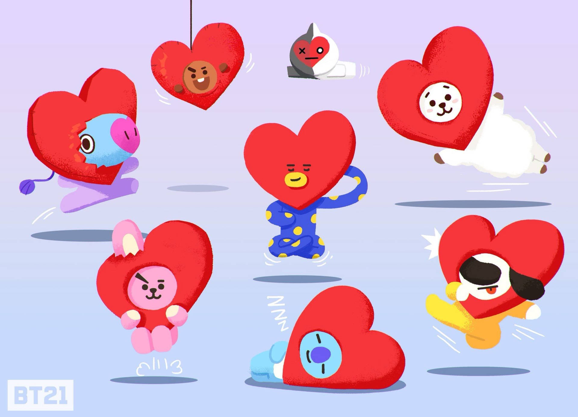 紅色心形內的BT21卡通角色在淡紫色天空中頑皮地漂浮。