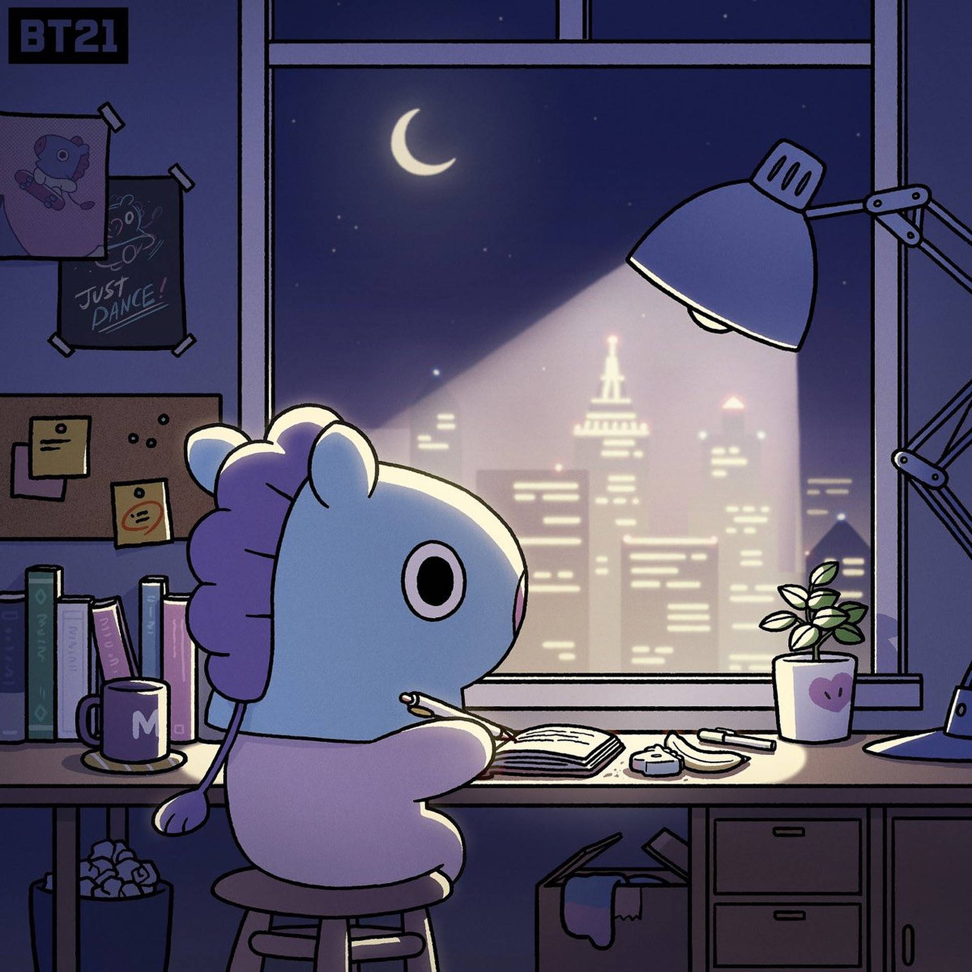 藍色卡通人物在夜間學習，窗外有城市燈光和月亮。
