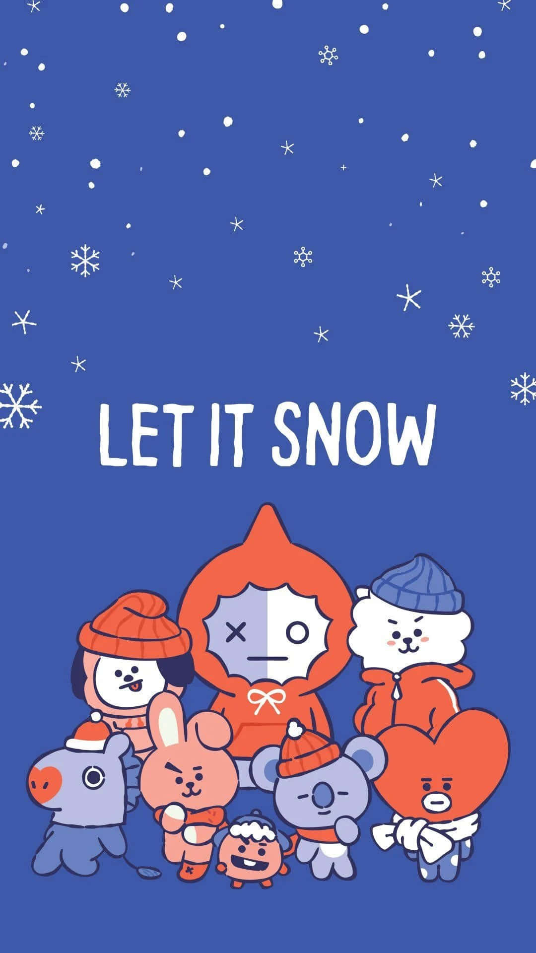可愛的卡通動物穿著冬季服裝，在飄雪的藍天下聚集，雪花飄落，並有文字 LET IT SNOW。