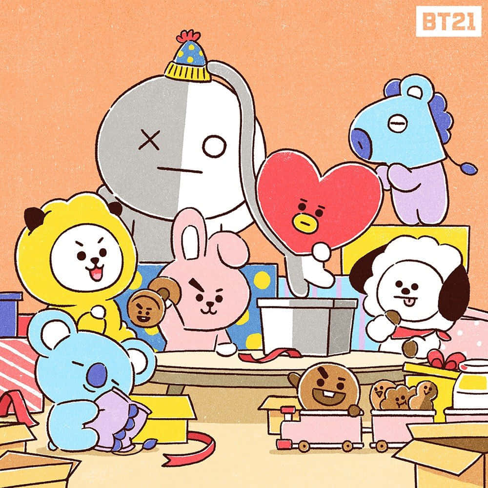 BT21 桌布 壁紙 — BT21卡通角色在一個充滿節日禮盒的溫暖橙色房間裡，用禮物和餅乾慶祝。