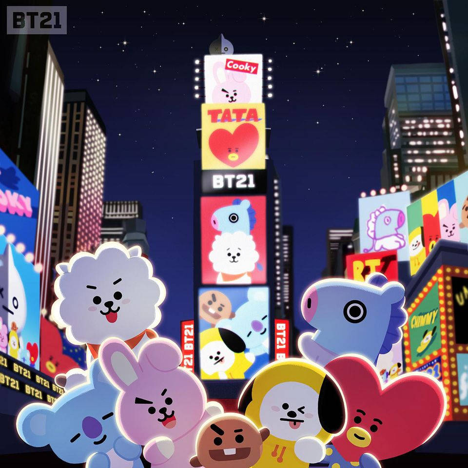 BT21 桌布 壁紙 — BT21卡通角色在繁星點點的夜空下，對著充滿活力的霓虹燈城市天際線閃耀光芒。