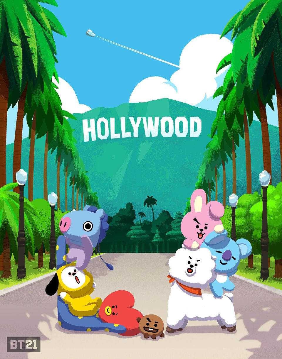 BT21 桌布 壁紙 — BT21卡通角色在藍天白雲下，於棕櫚樹成蔭的好萊塢大道上嬉戲聚集。