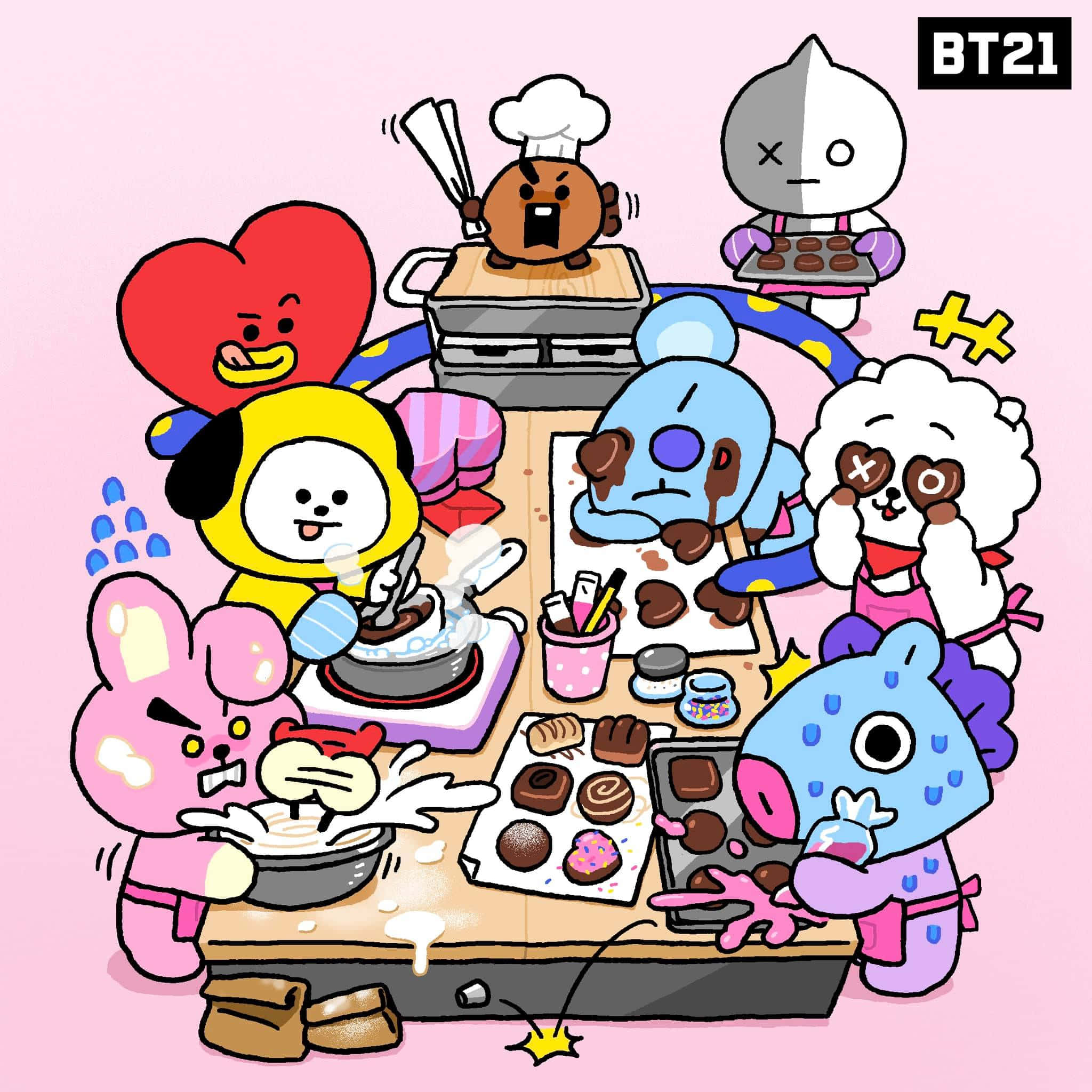 BT21 桌布 壁紙 — BT21角色在粉紅色背景的凌亂廚房裡愉快地烘烤混亂的朱古力美食。
