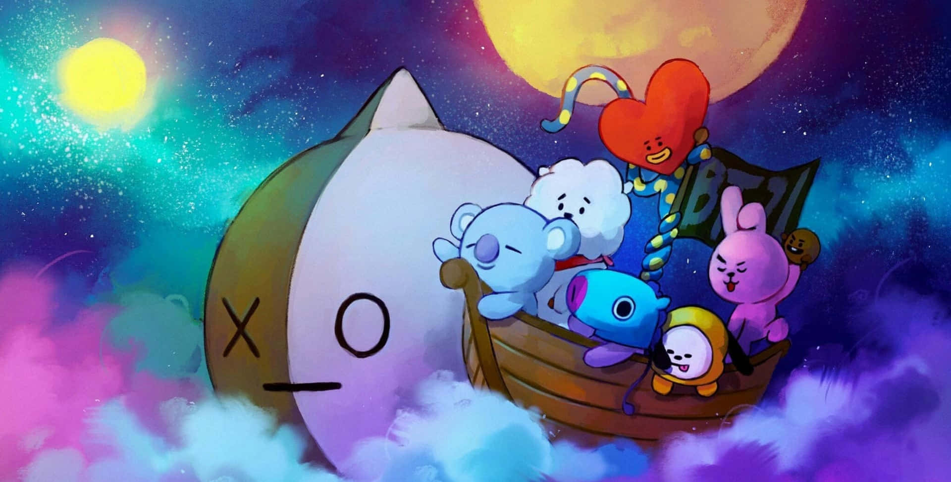 動漫人物在船上，在月亮和太陽下航行穿過色彩繽紛的雲層。