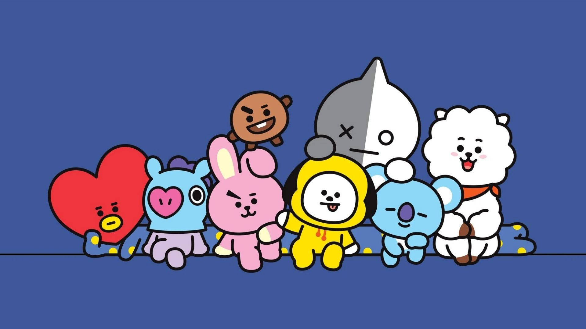 七個BT21卡通角色在藍色背景上微笑並一起擺姿勢。
