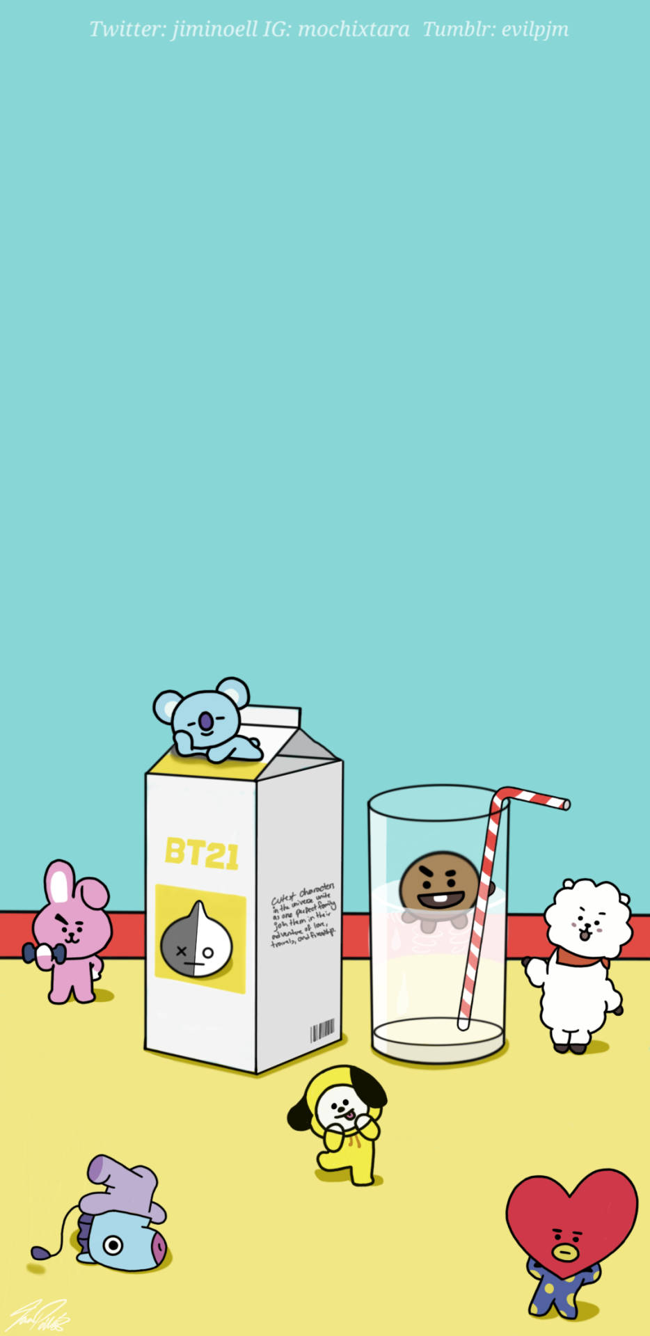 BT21卡通角色與牛奶盒和曲奇玻璃杯