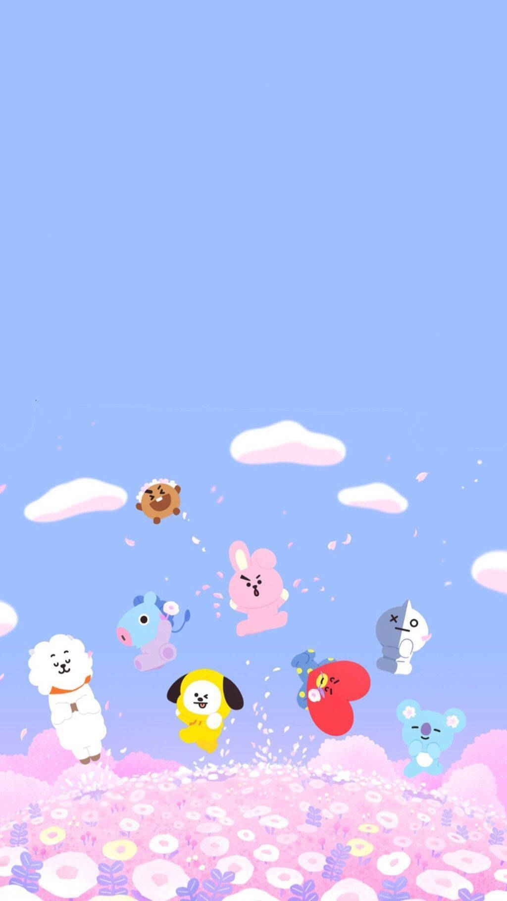 BT21角色跳躍花海 壁紙 — 可愛的卡通動物在柔和的藍天白雲下，快樂地漂浮在粉紅色花田上方。