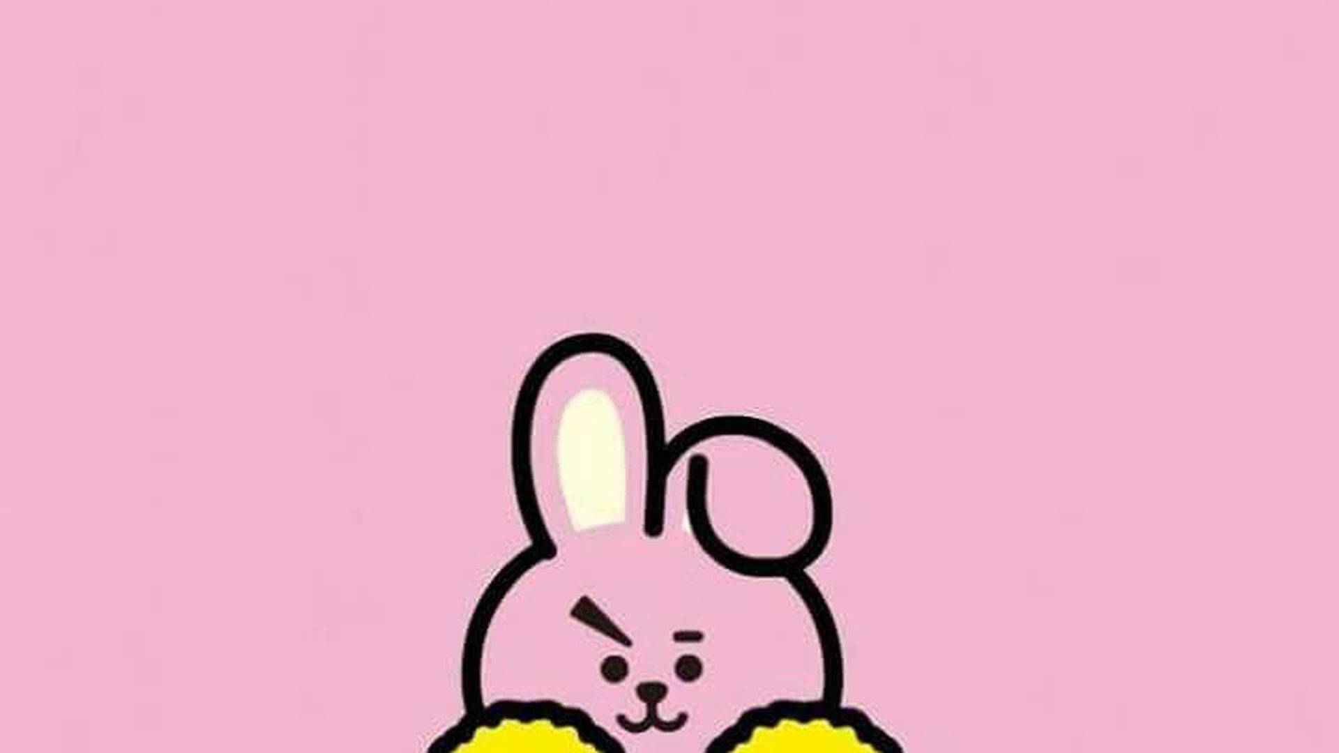 BT21餅乾角色淡粉造型 壁紙 — 一隻卡通兔仔帶住憤怒嘅表情喺黃色雲後面偷望，背景係純粉紅色。