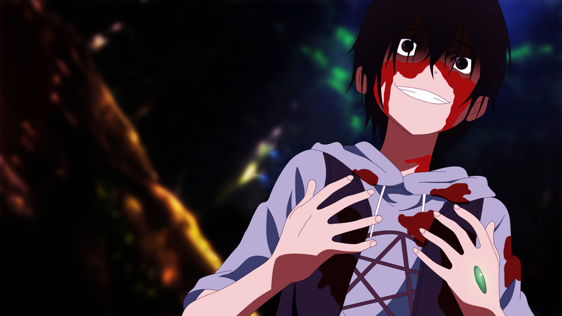 動畫角色《Btooom!》 壁紙 — 一個動漫角色，滿臉是血，穿著連帽衫，在宇宙星雲背景下手持一顆發光的綠色寶石。