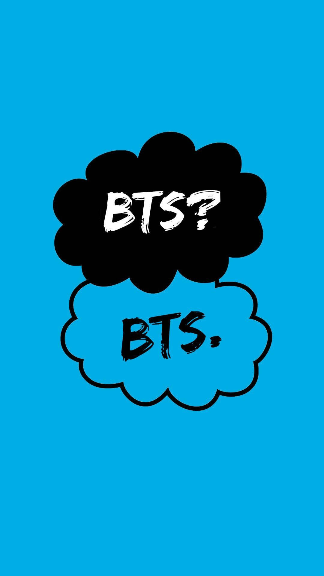 BTS美學 星辰之錯 壁紙 — 兩個漫畫風格對話框在藍色背景上，一個黑色白色文字問BTS？另一個藍色黑色文字說BTS。