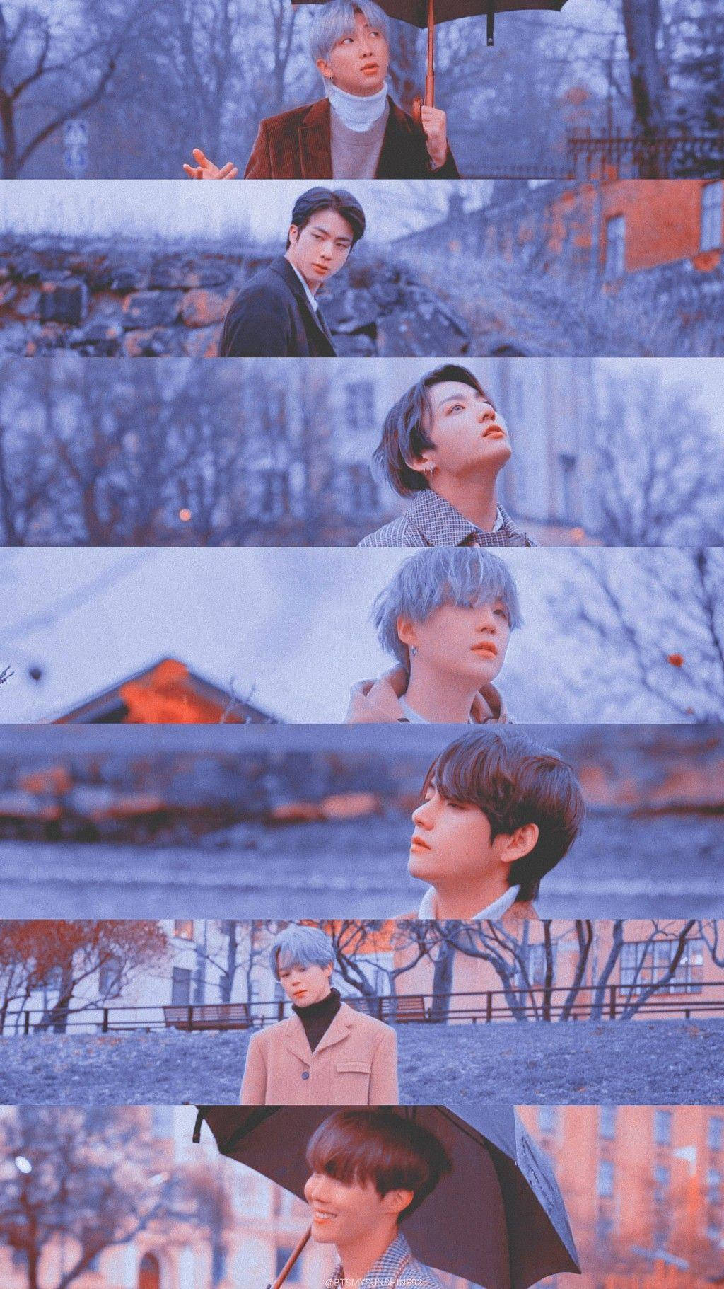 BTS 2020 紫色美學 壁紙 — 一個年輕男子以不同姿勢撐著雨傘的拼貼畫，背景是冷色調的城市景觀，有光禿禿的樹木和建築物。