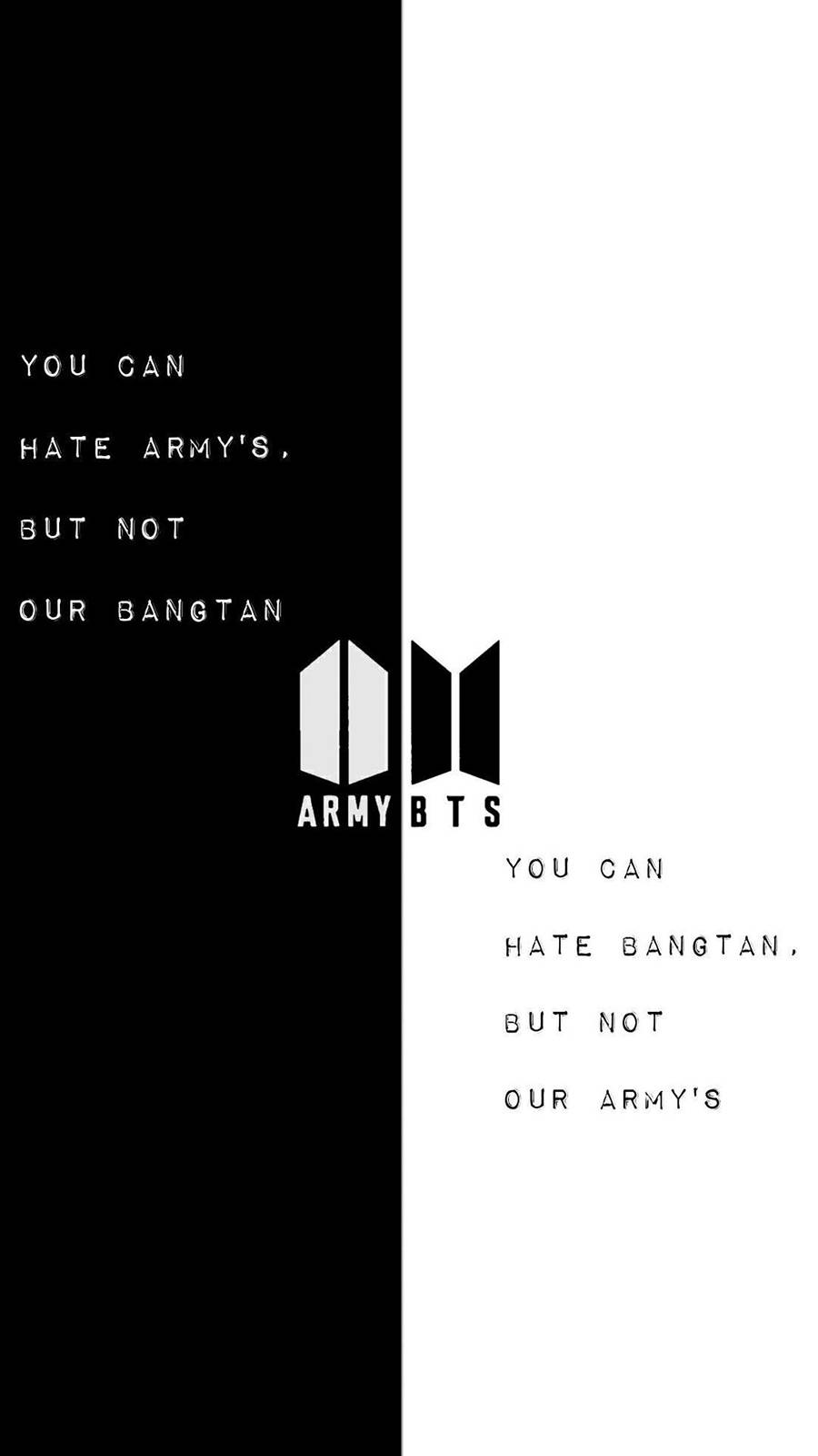 BTS黑白標誌 壁紙 — 大膽的黑白分屏，以極簡字體呈現BTS標誌和粉絲口號。