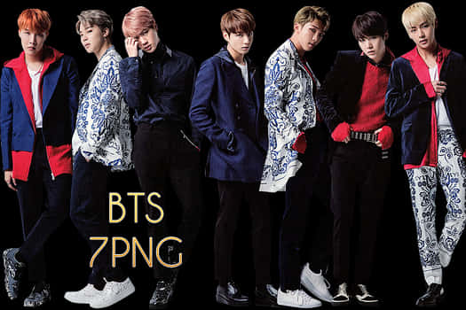 BTS團體時尚造型照 壁紙 — 七位時尚的K-pop偶像在黑色背景前自信地擺出姿勢，穿著大膽的紅、藍、白色服裝。